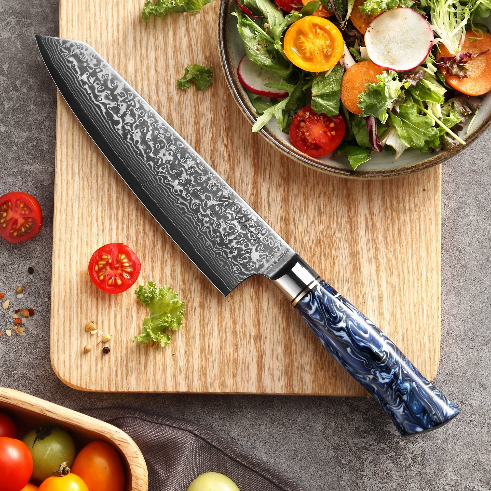 Wakoli Asiamesser Damast Chefmesser Kiritsuke Küchenmesser 20 cm Klinge Epoxidharzgriff, Damaststahl, VG-10