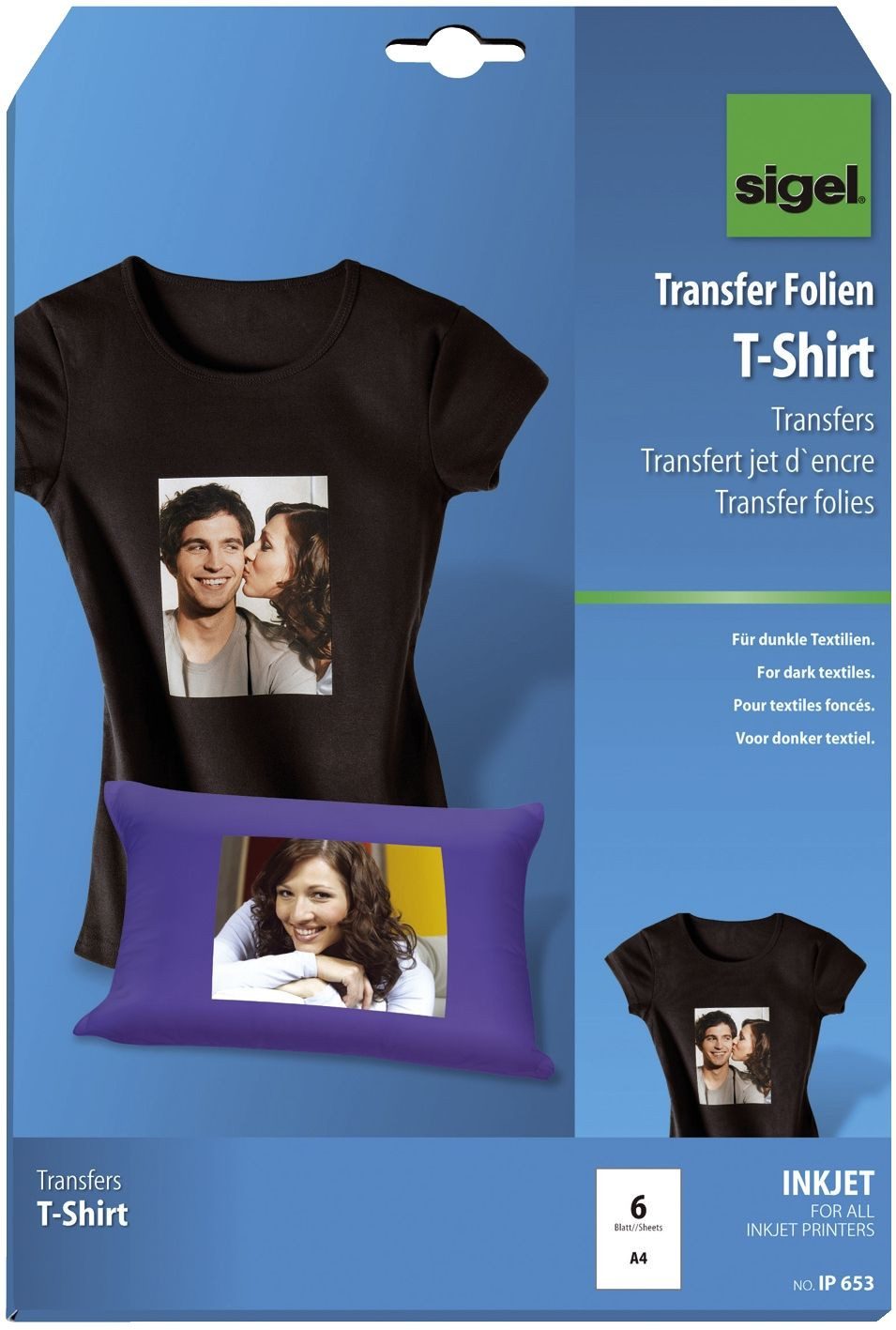 Sigel Dekorationsfolie InkJet Transfer Folien für T-Shirts für dunkle Textilien inkl. Bügelpa