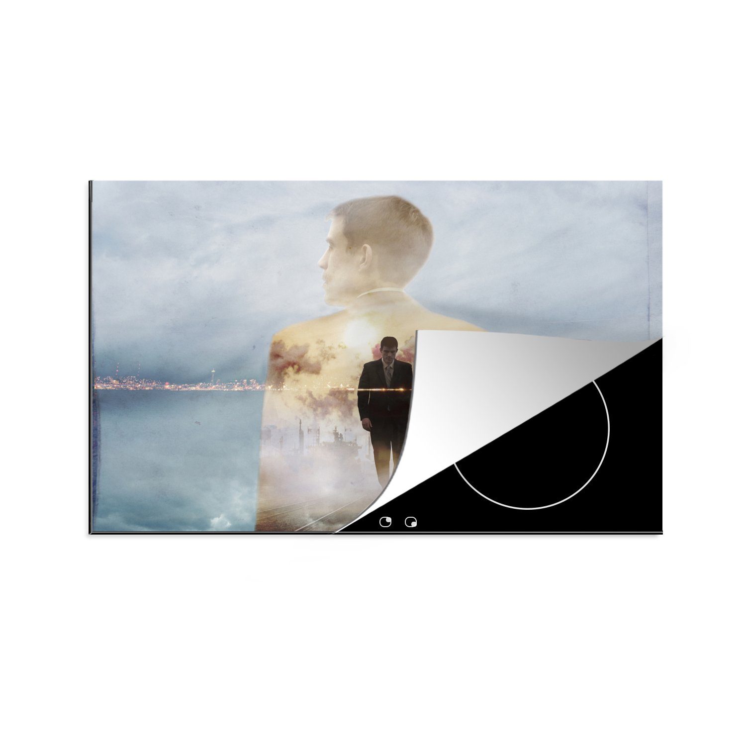 MuchoWow Herdblende-/Abdeckplatte Mehrfachbelichtung eines Geschäftsmannes und einer Skyline, Vinyl, (1 tlg), 81x52 cm, Induktionskochfeld Schutz für die küche, Ceranfeldabdeckung