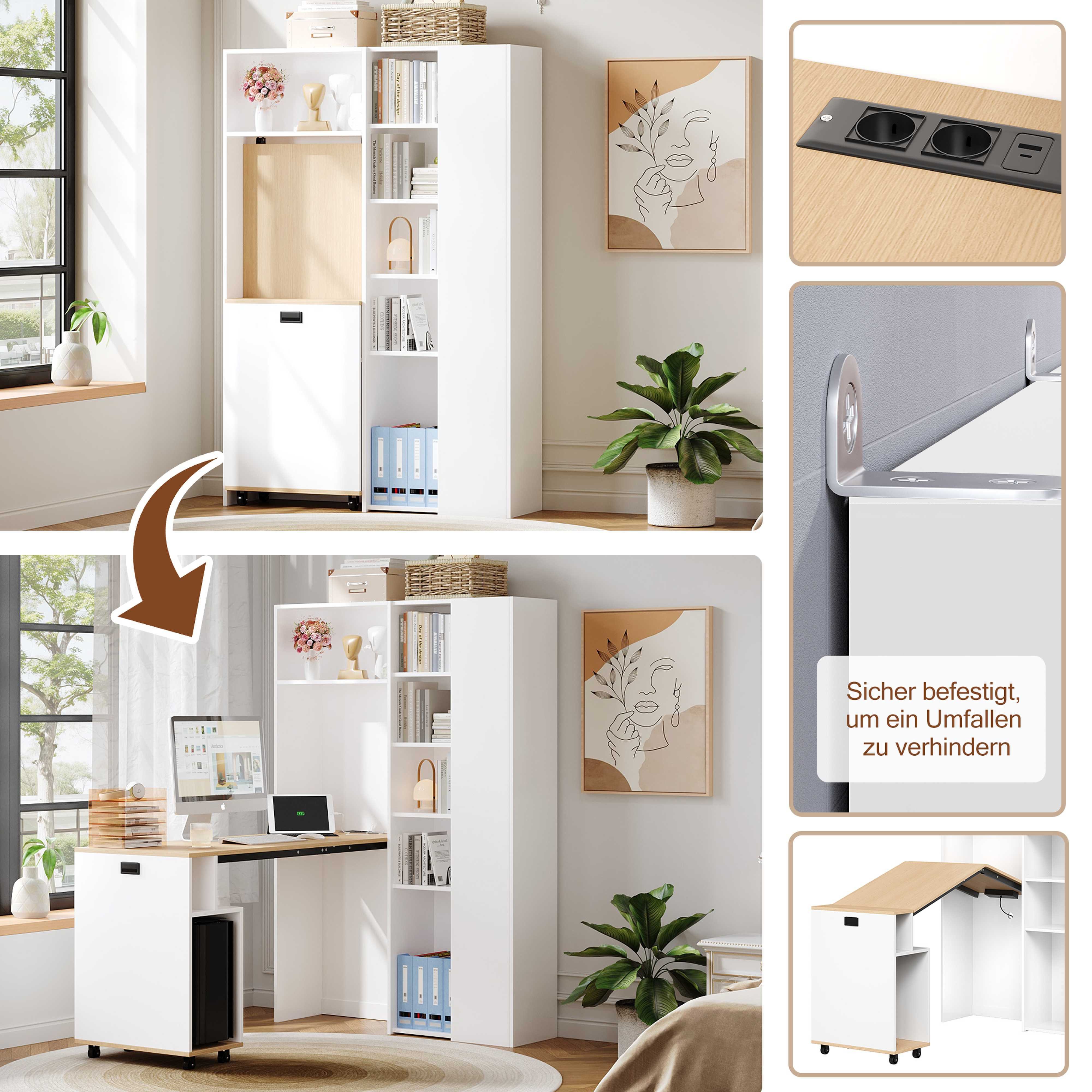 BlingBin Eckschreibtisch Klappbarer Schreibtisch mit Regal (1-St., platzsparendes 2-in-1 Design mit EU-Steckdose und USB-Anschlüssen), Hochschrank mit höhenverstellbaren Böden