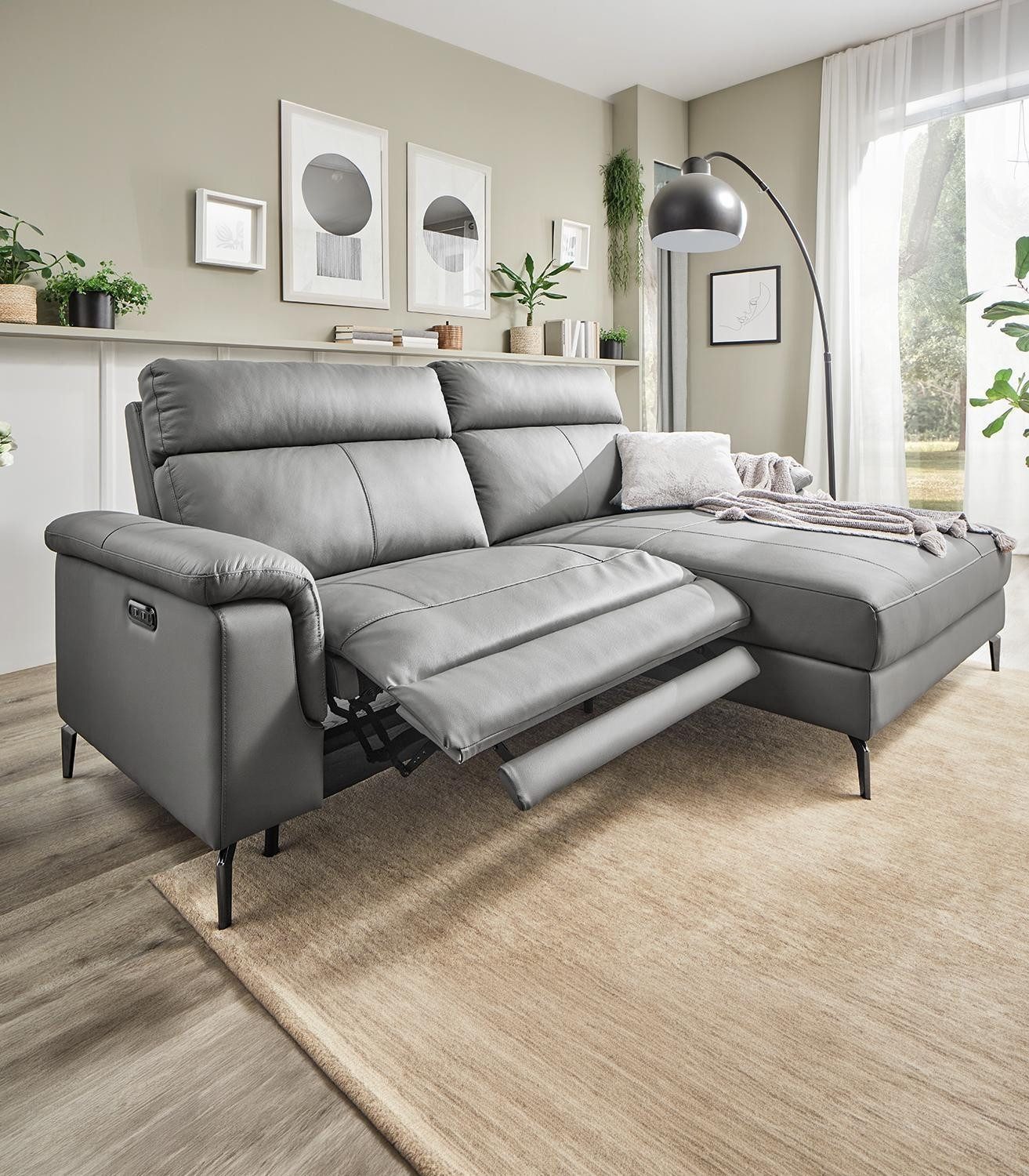 casa NOVA Ecksofa CANADA, Grau, Leder, Metall, elektr. Relaxfunktion, USB-A- und C-Anschluss, B 240 x T 162 cm, Eckcouch