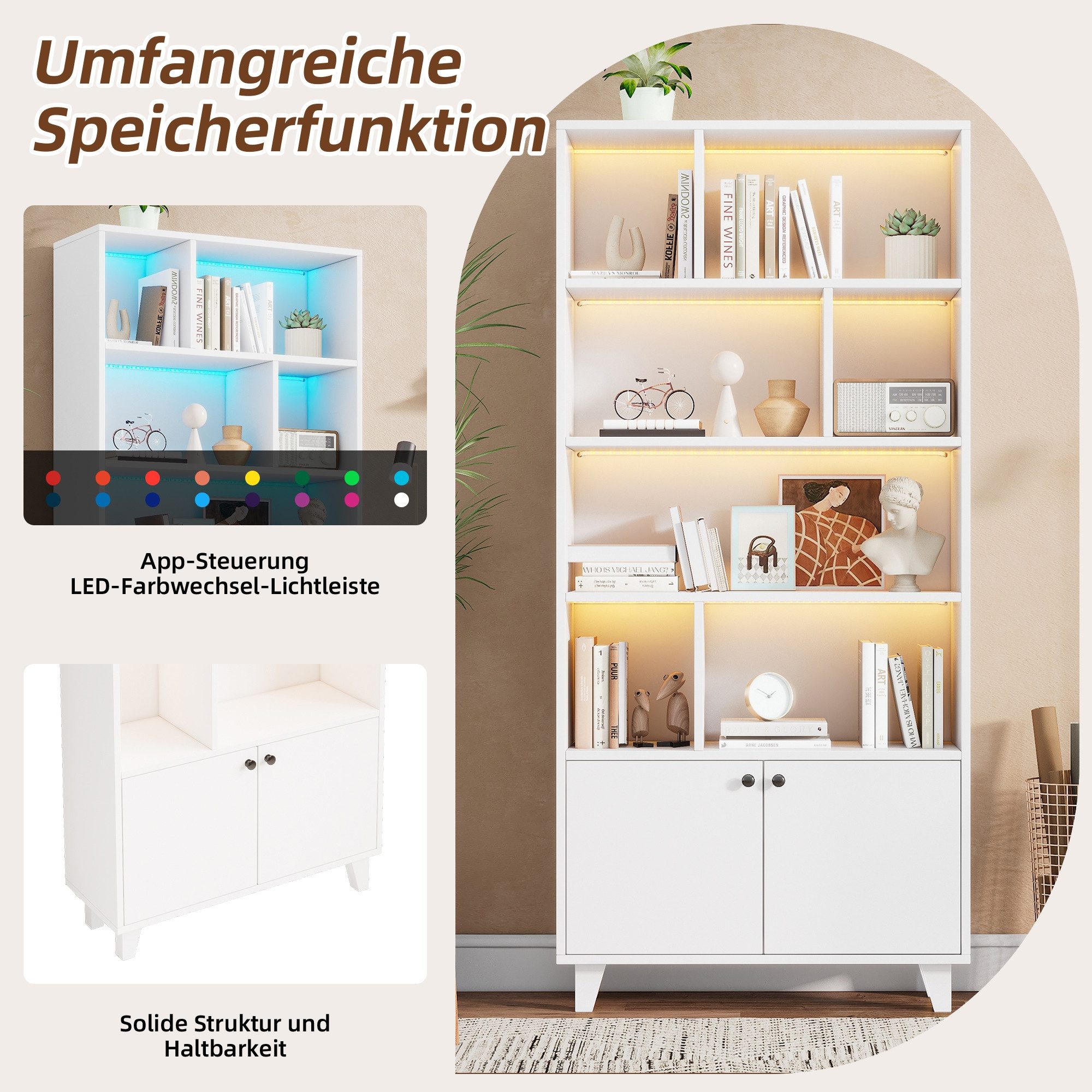 BlingBin Bücherregal Massivholzbeine und staubdichte Doppeltüren mit vielen Ablagefächern, 1 Stück 1-tlg., LED-Farbwechsel-Licht mit praktischer App-Steuerung