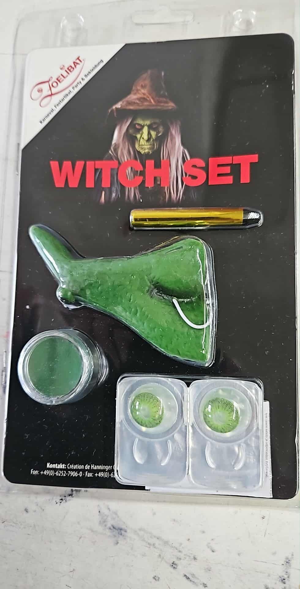 Zoelibat Hexen-Kostüm Hexen Set mit Kontaktlinsen Hexennase Gesichtsfarbe und Zahnschwarz, 4-Tlg Hexen Set