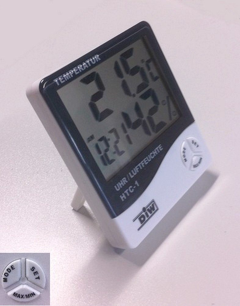 DIW Raumthermometer HTC-1 digitale Wetterstation Hygro-+ Thermometer, Packung, Komplettset, Uhr, Luftfeuchte, Alarm, großes Display
