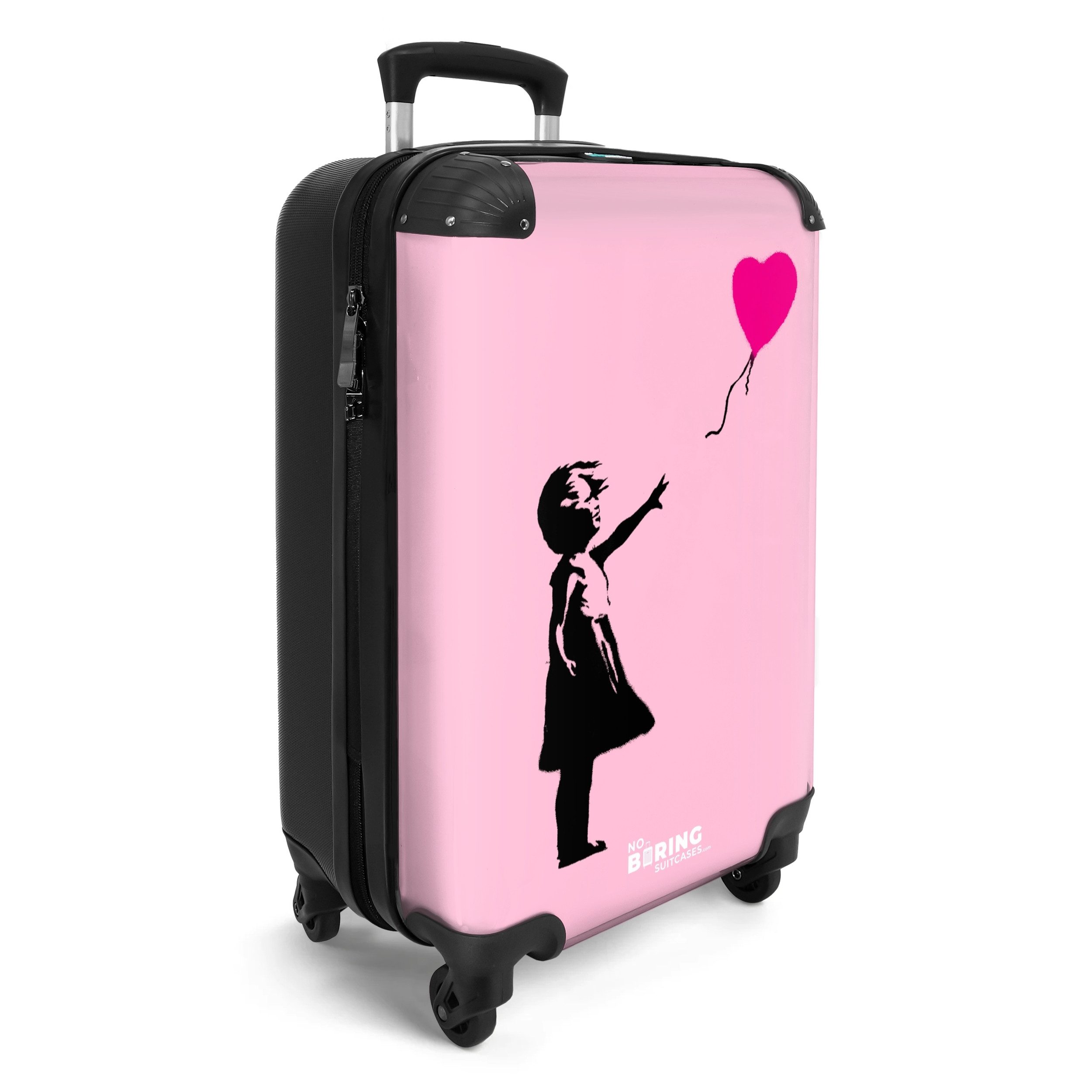 NoBoringSuitcases.com© Hartschalen-Trolley Mädchen mit rosa Herz Ballon fliegen weg 55x35x20cm, 4 Rollen, Reisetasche mit Rollen, Koffer Handgepäck Flugzeug