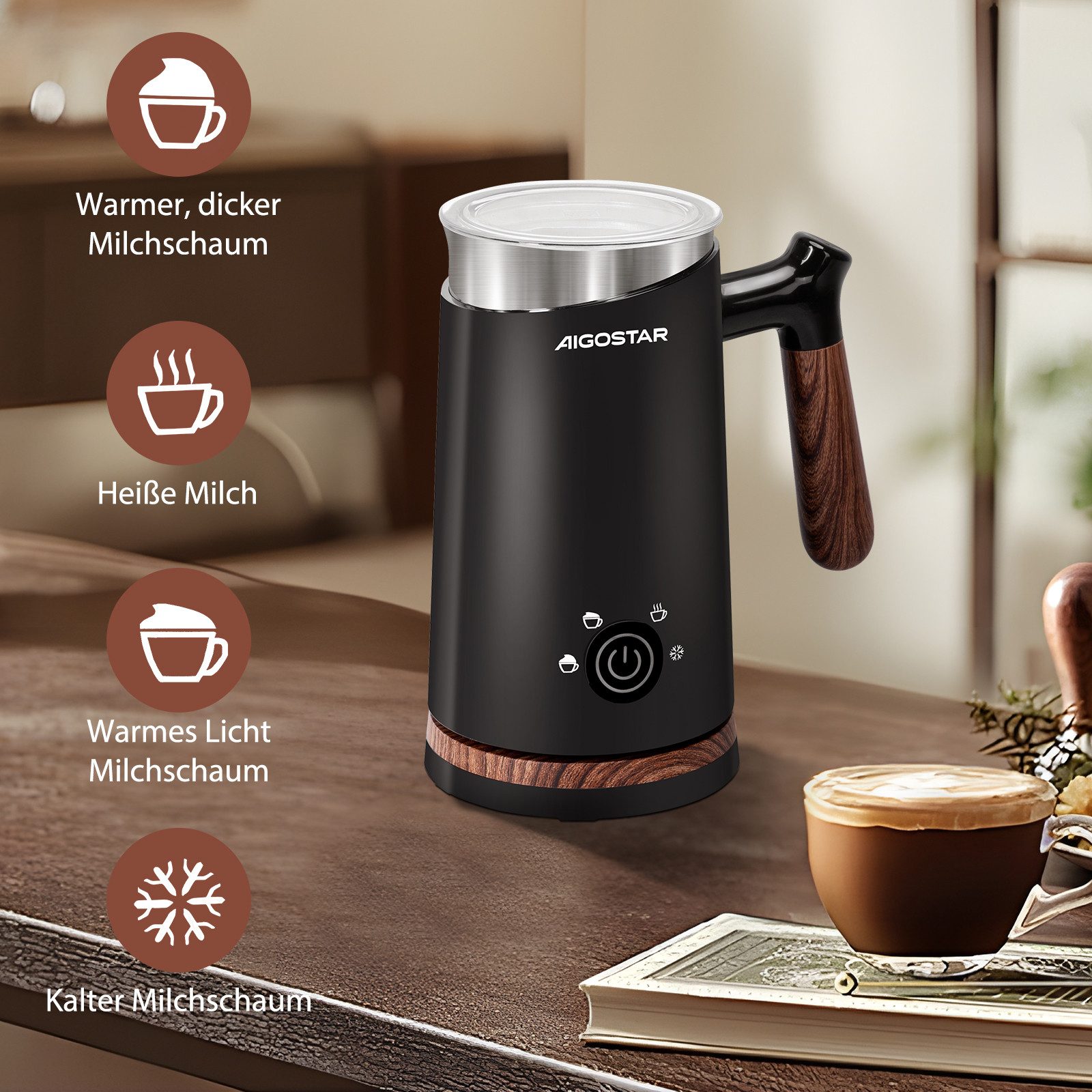 Aigostar Milchaufschäumer 4 in 1 Milchaufschäumer Elektrisch 500W, 300ml Edelstahl