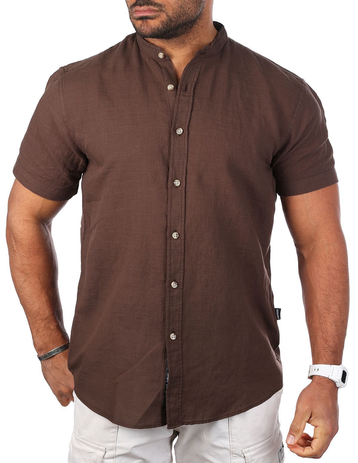 CARISMA Kurzarmhemd Herren Leinen Baumwoll Mix Casual Hemd 9337 Regular Kurzarm Stehkragenkragen Uni