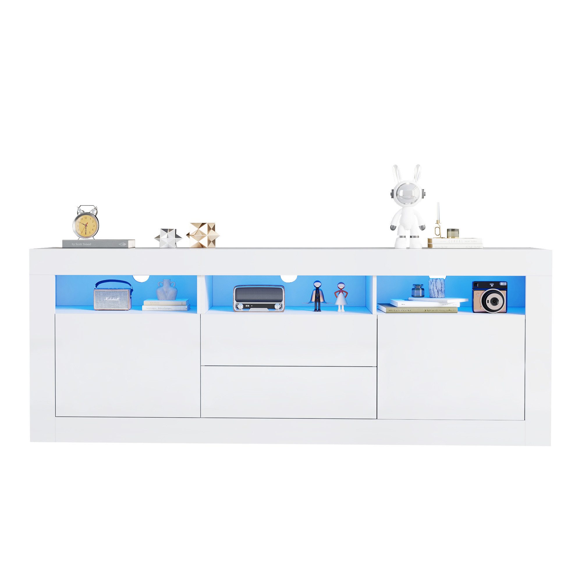 Sweiko Lowboard Hochglanz-TV-Schrank Fernsehtisch TV-Board (TV-Ständer für 70-Zoll-Fernseher 3 offenen Fächern, 2 Türen, 2 Schubladen, Smart App Steuerung 160*35*60cm)