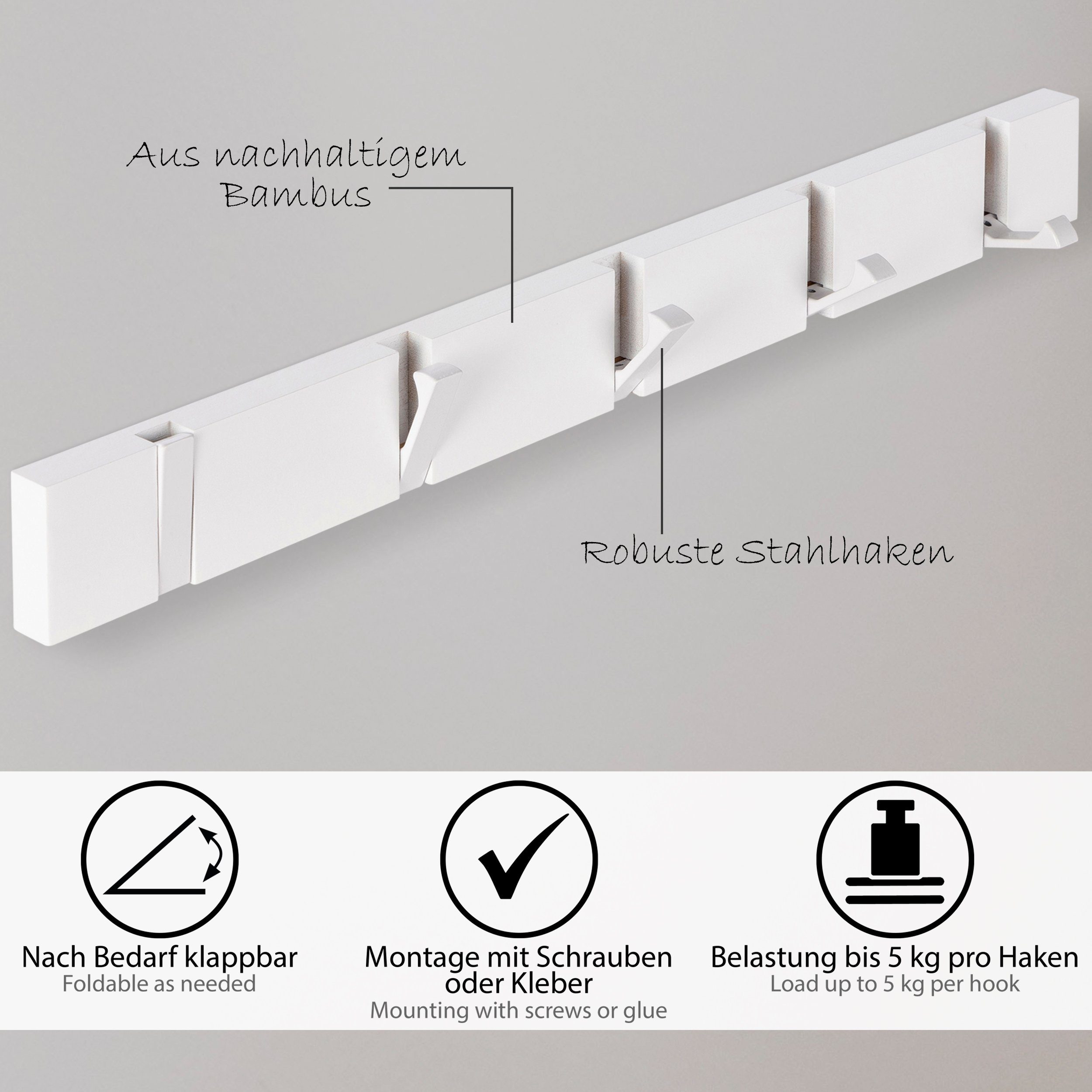 ONVAYA Garderobe Garderobenhaken, Wandgarderobe Bambus, Garderobenleiste