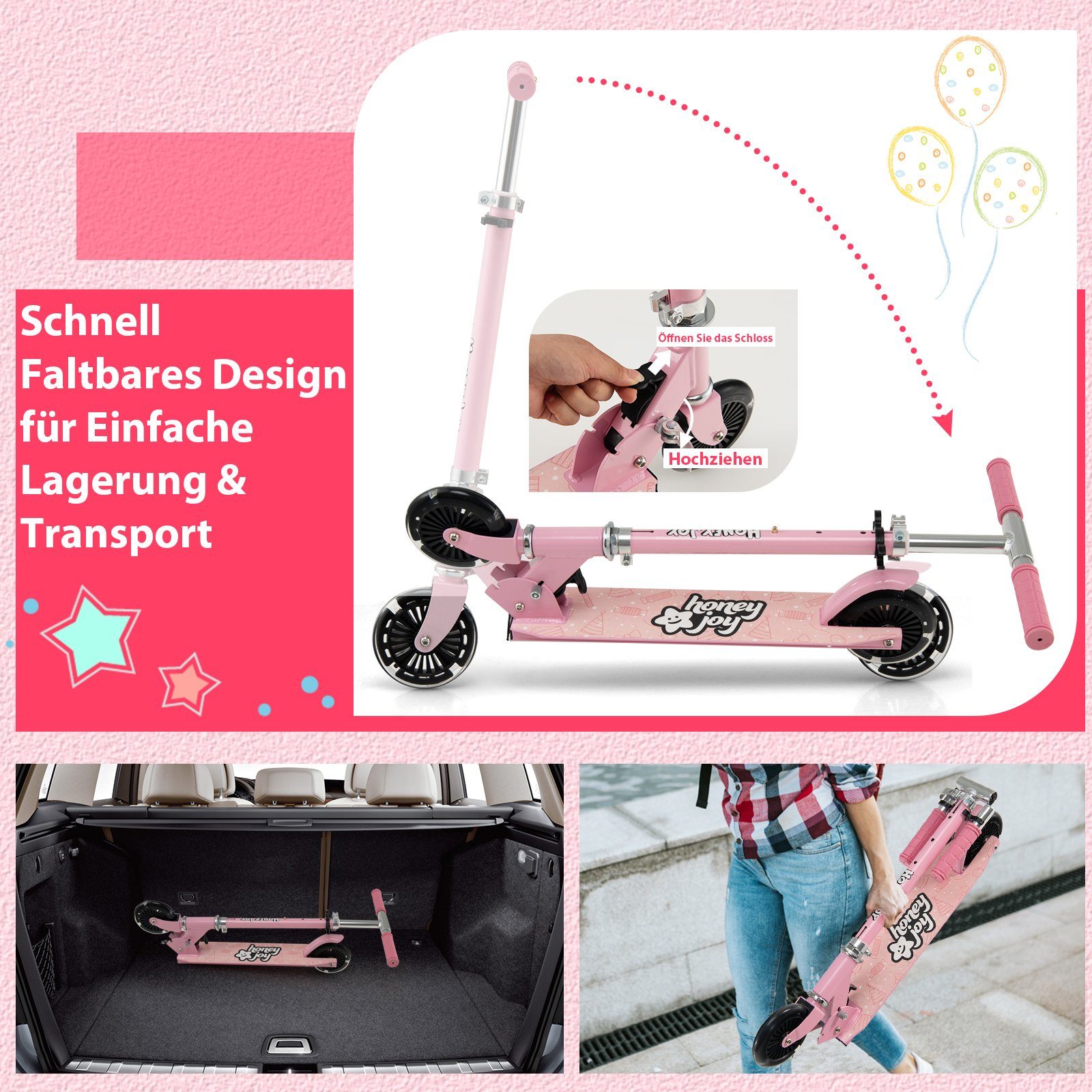 COSTWAY Cityroller Kinder Scooter, höhenverstellbar, klappbar, mit 2 LED Räder