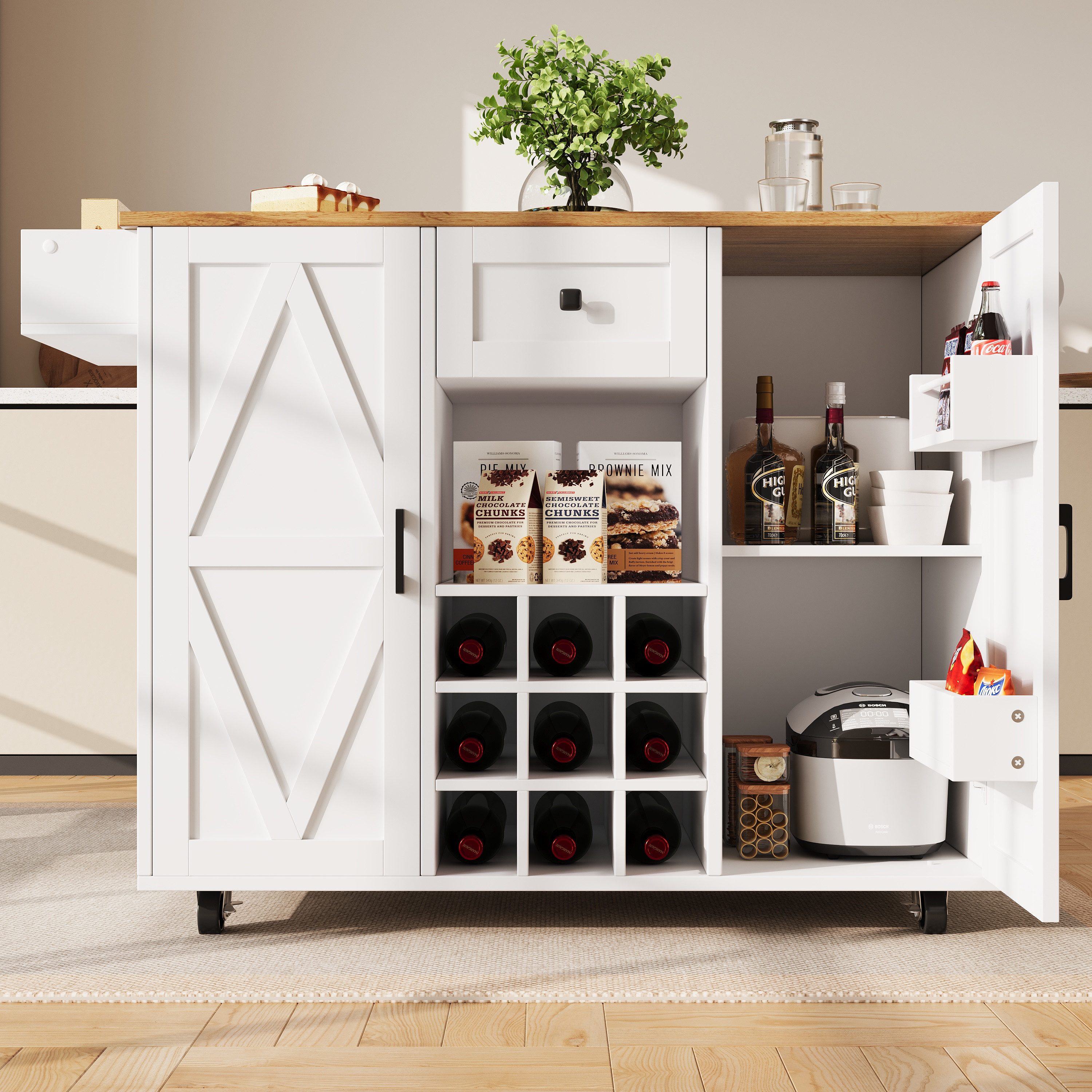 STILVORA Küchenwagen mit rollen und arbeitsplatte,Küchenschrank freistehend Kücheninsel, (Multifunktionale Kücheninsel mit Klappbein-Esstisch, großer Stauraum und flexiblen Ablageflächen – Inklusive Weinregal, Snackregal und beweglichen Rädern)