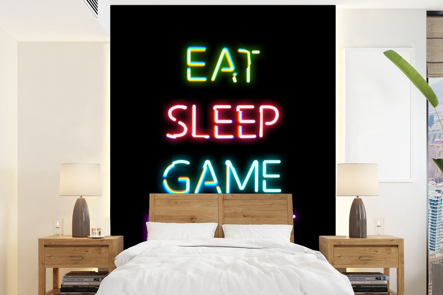 MuchoWow Fototapete Gaming - Spiel - Essen-Schlafen-Spiel wiederholen, Matt, bedruckt, (4 St), Montagefertig Vinyl Tapete für Wohnzimmer, Wandtapete