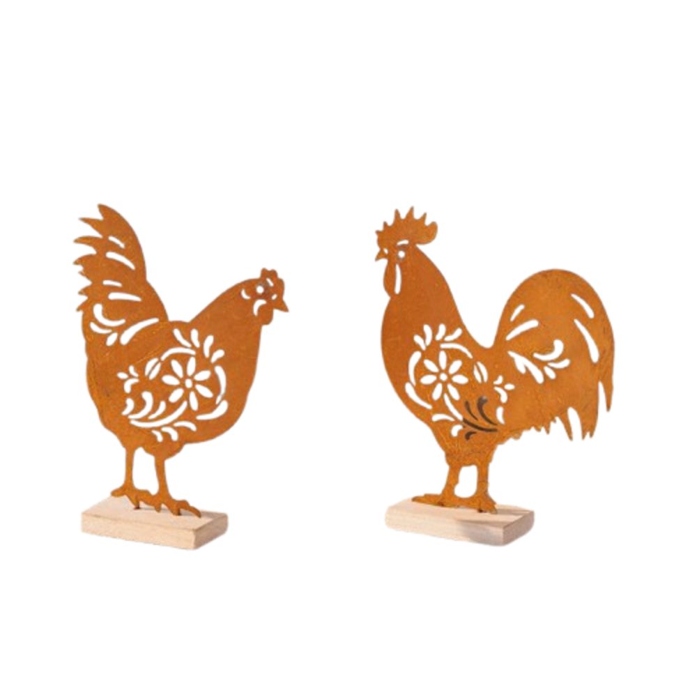 Dekofigur Huhn Hahn Rostoptik Deko Figur Skulptur Tischdeko Henne Tiere 2er Set