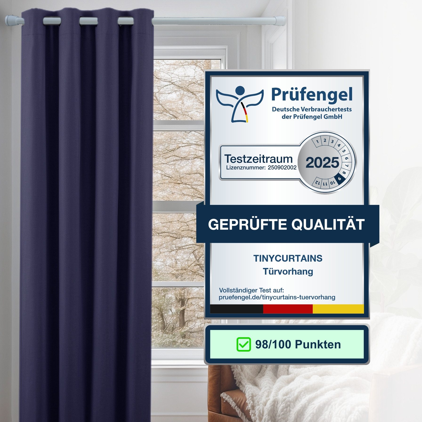 tinycurtains Türvorhang mit Stange weiß 55-90 cm ohne Bohren, Thermo Vorhang Tür, Ösen, abdunkelnd, Polyester, dunkelblau Ocean, Türgardine mit Klemmstange Raumtrenner verdunkelnd