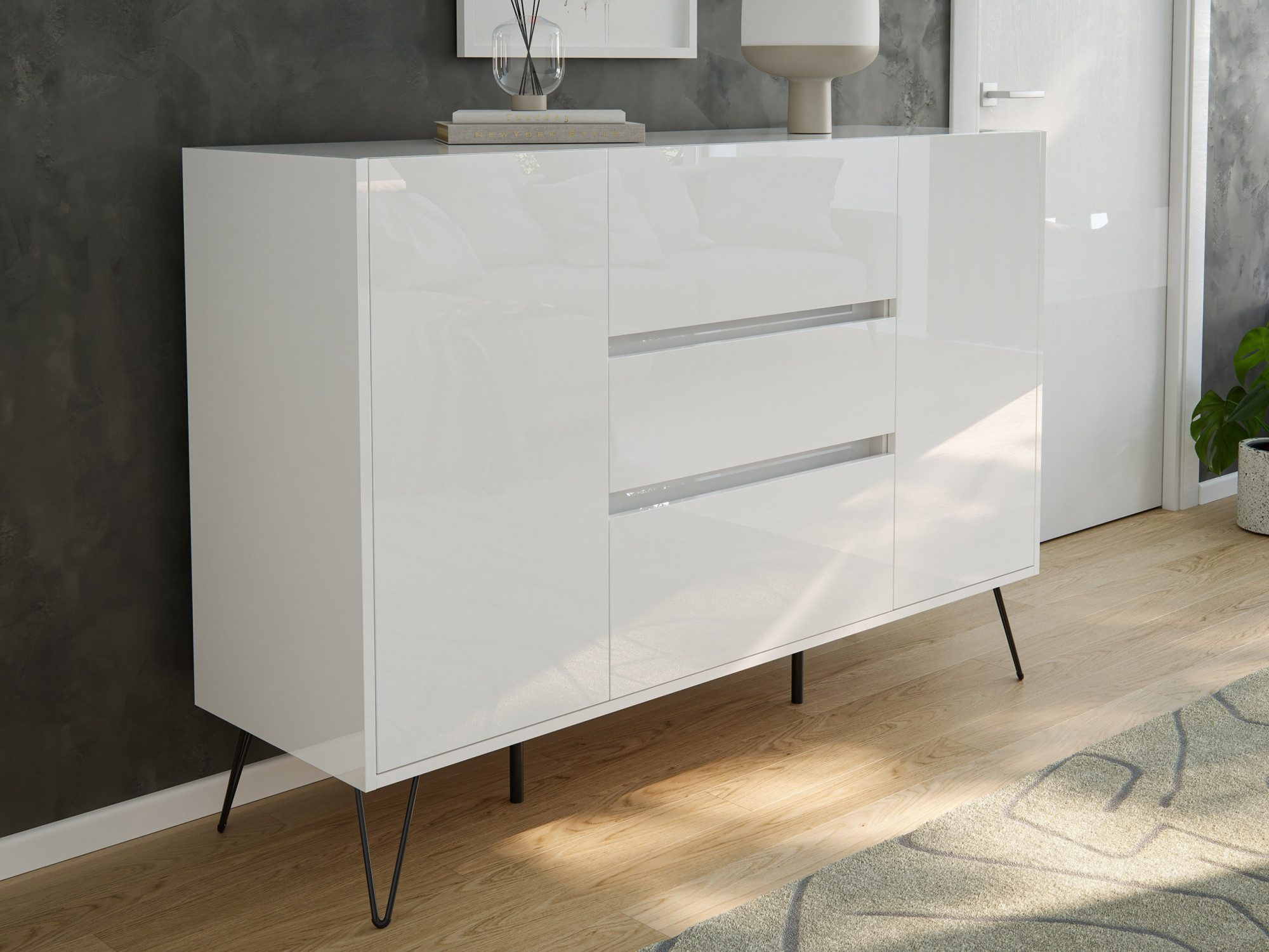 Kommode Sideboard Yako XL 140cm 3 SoftClose 2 Türen Weiß hochglanz