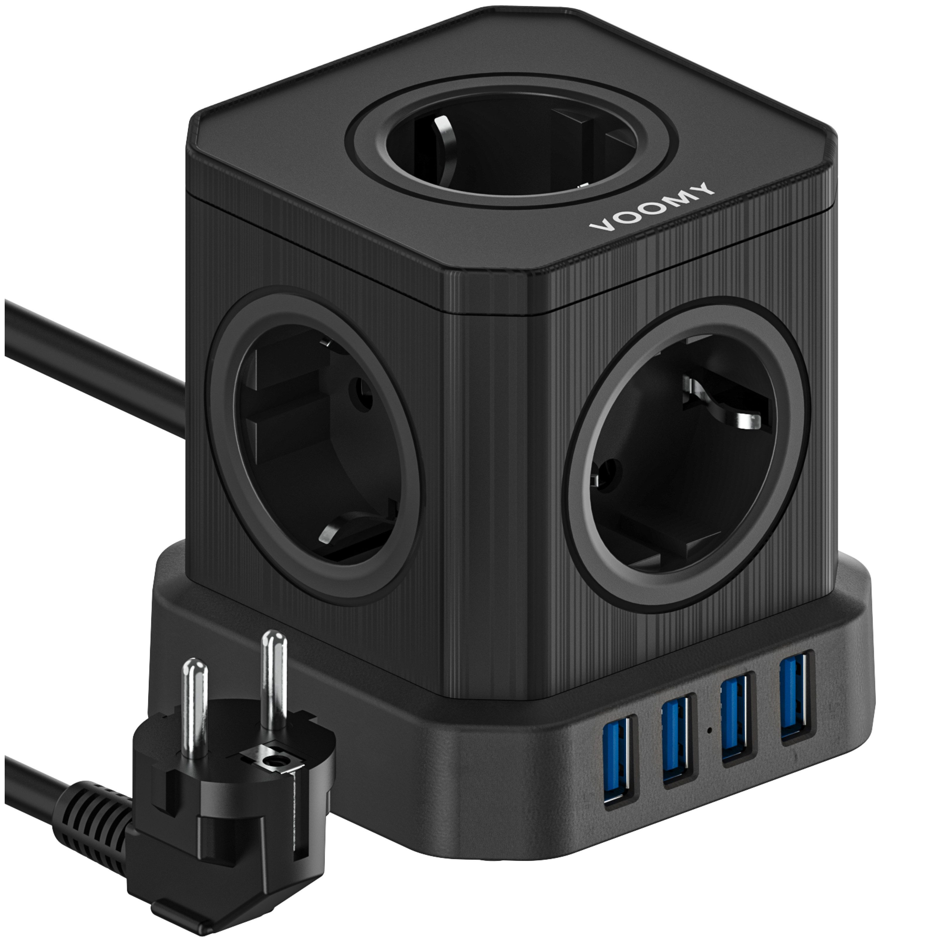 Voomy Power S5 Mehrfachsteckdose (4 USB-A, 5 AC, mit Überspannungsschutz, Kabellänge 2 m), 2500W mit Schalter