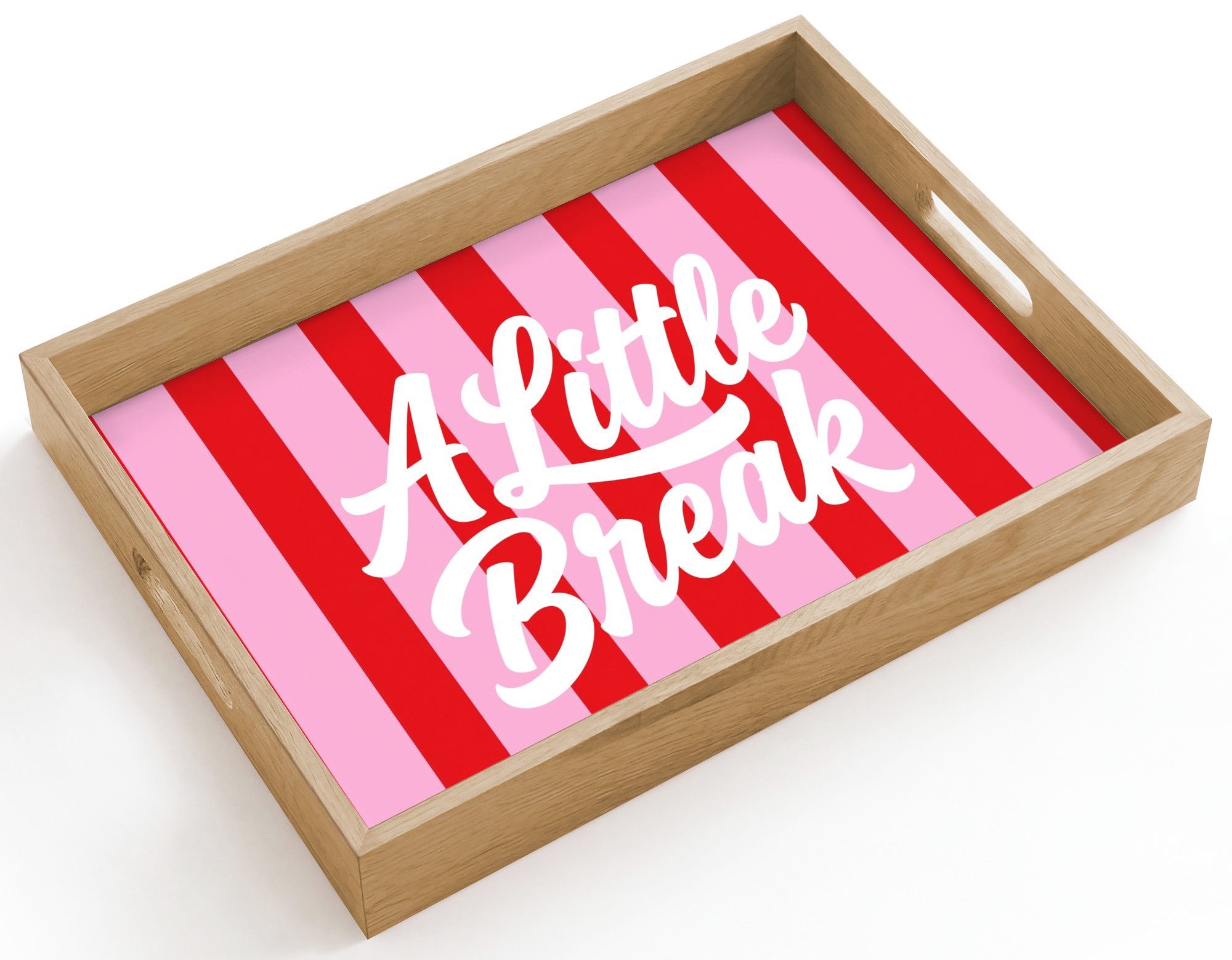 OnlyWow Tablett Rechteckig mit Henkel A Little Break – Streifen – Rot – Rosa, Eichenholz, (1-tlg), Siervierplatte, Tray, Frühstücksbrett