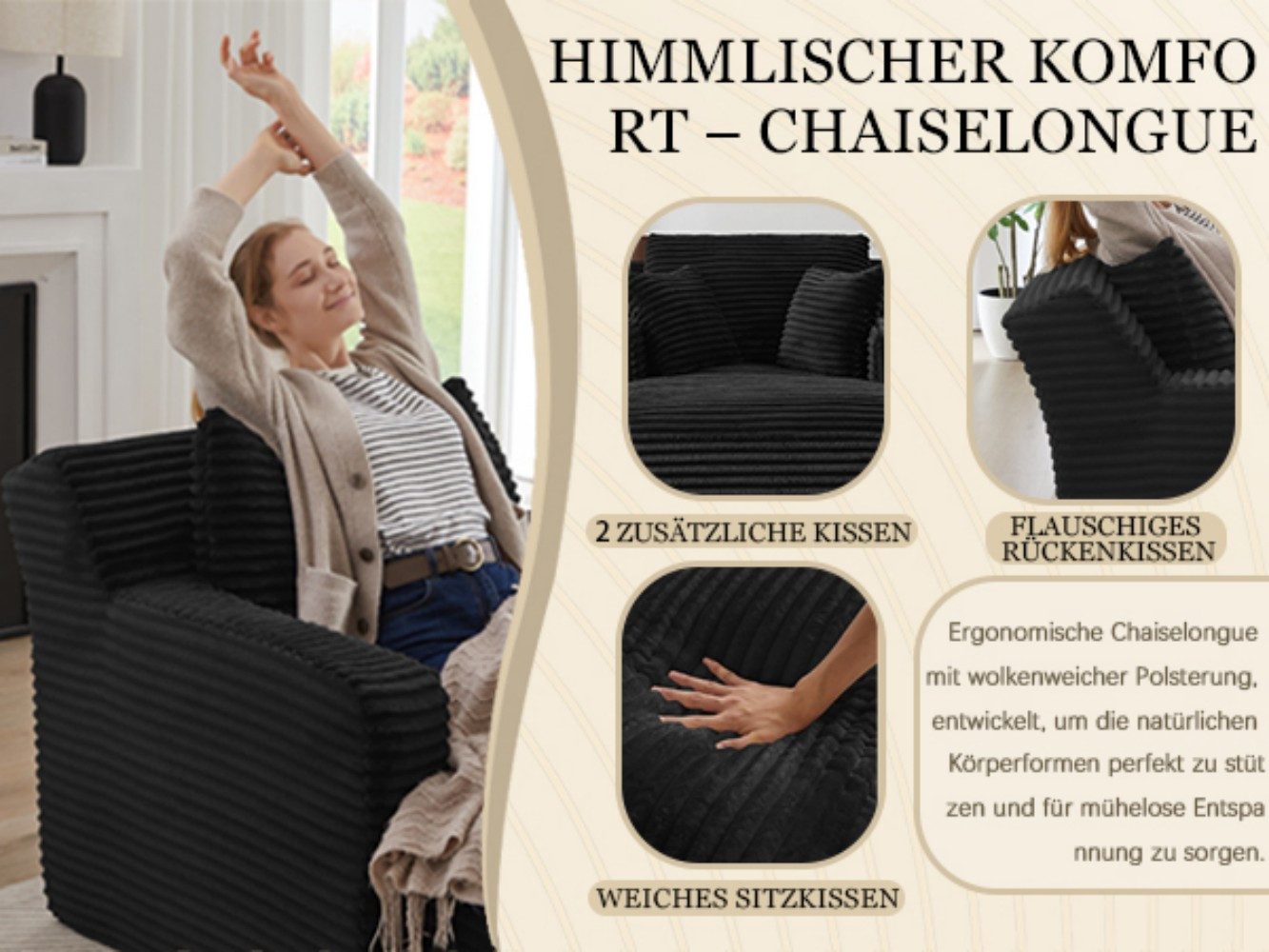 BlingBin Loungesofa Modernes Chaiselongue Sofa Chaiselongue-Sofa aus Cord, ohne Montage mit Taschenfederkern & Schaumstoffpolsterung 1 Teile, stilvolles 1-Sitzer-Liegesofa für Wohnzimmer, Büro oder Apartment
