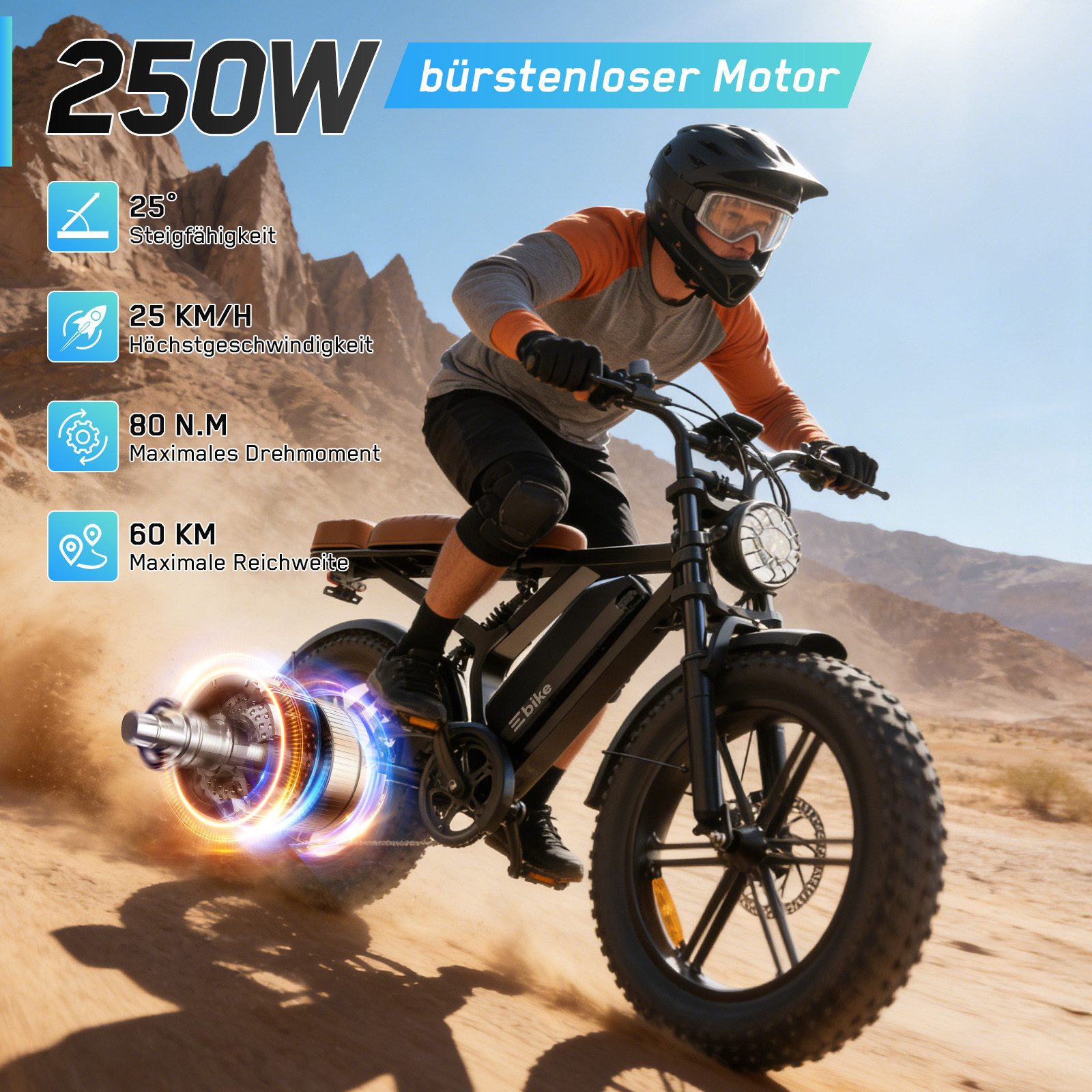 SISIGAD E-Bike Mountainbike 20'' E-Bike – 48V 15Ah Akku, 100 km Reichweite und Vollfederung, Shimano, 720 Wh, Fat Tire Elektrofahrrad – 7-Gang Schaltung, hoher Tragkraft 204kg,APP