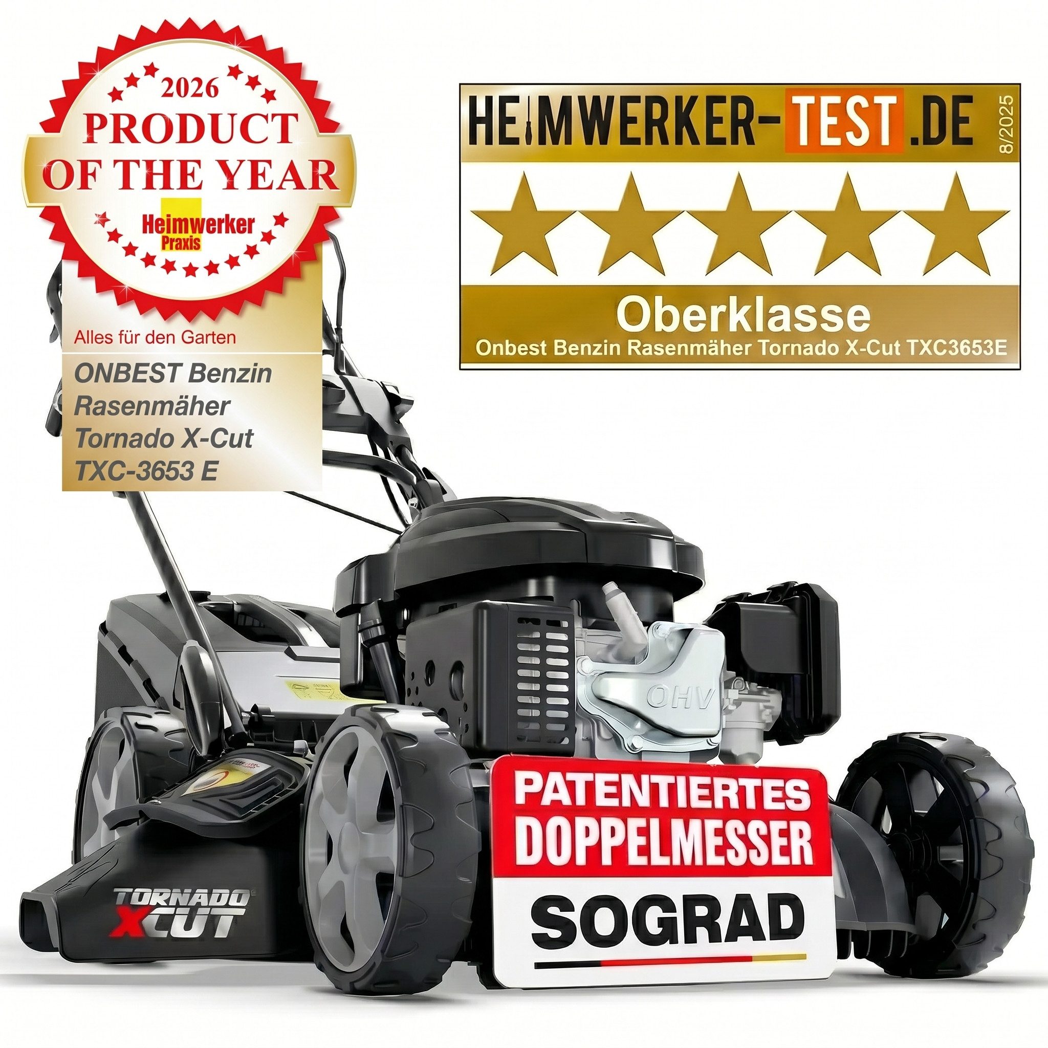 Onbest Benzinrasenmäher 5in1 mit Radantrieb Elektrostart Tornado X-Cut, 53.00 cm Schnittbreite, 6,5PS, Doppelmesser mit Sograd