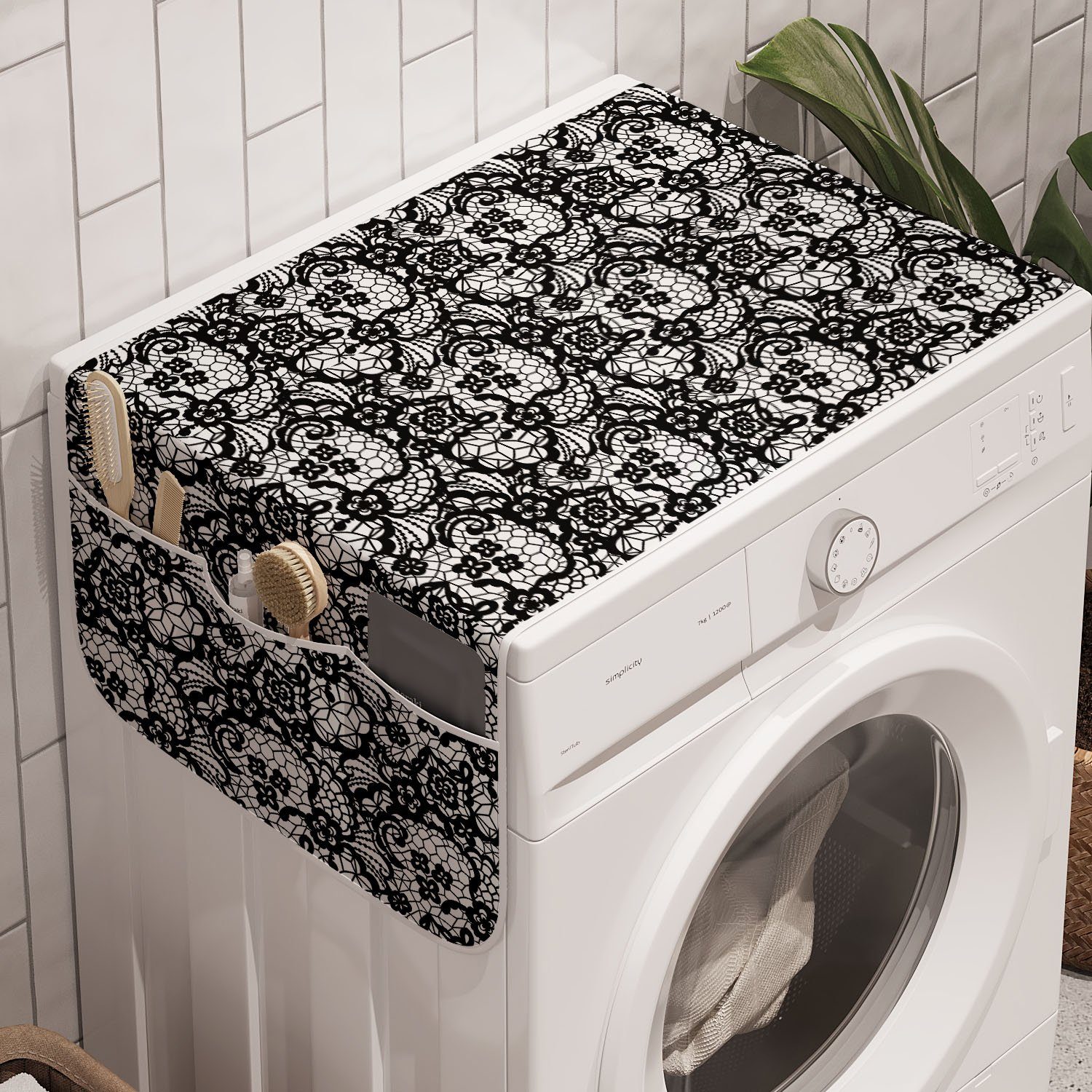 Anti-Rutsch-Stoffabdeckung weiß und und Inspirations Badorganizer Lacy Waschmaschine Schwarz Trockner, für Abakuhaus