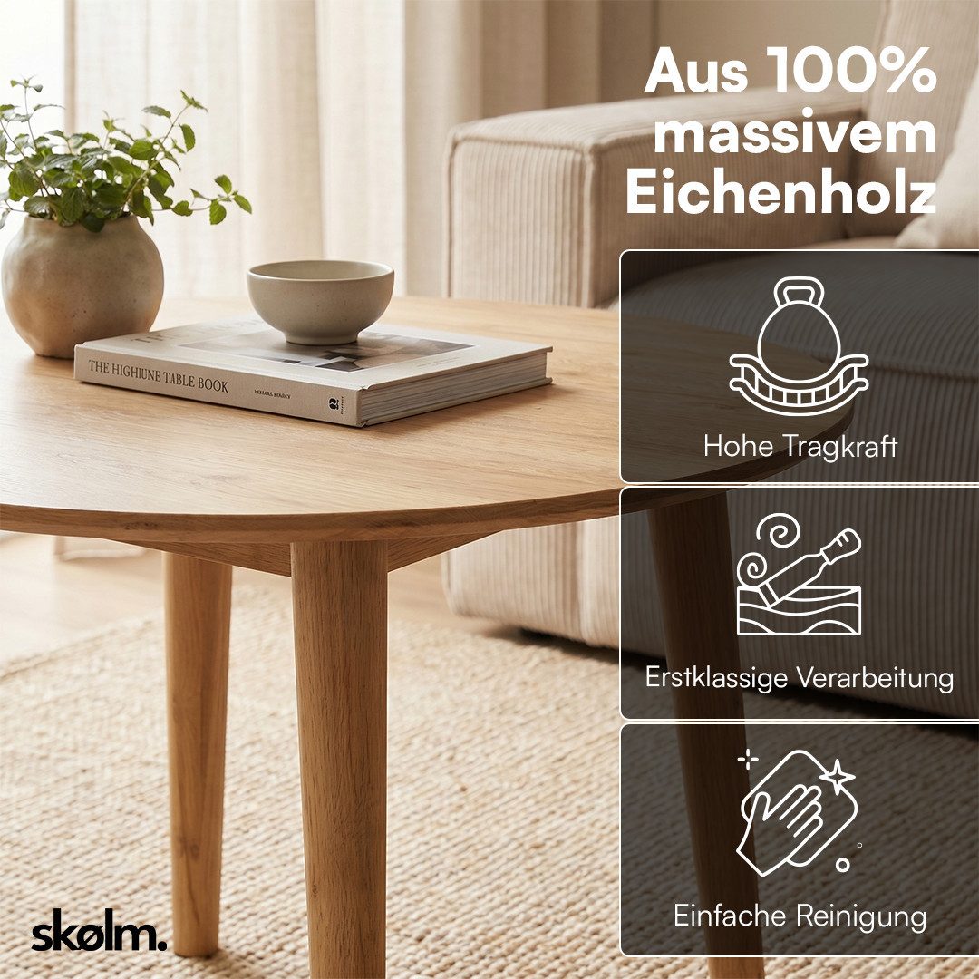 skølm Couchtisch Mjölnir aus Eiche Massivholz (Natur geölt), Wohnzimmertisch Ø70 cm, auch in oval erhältlich