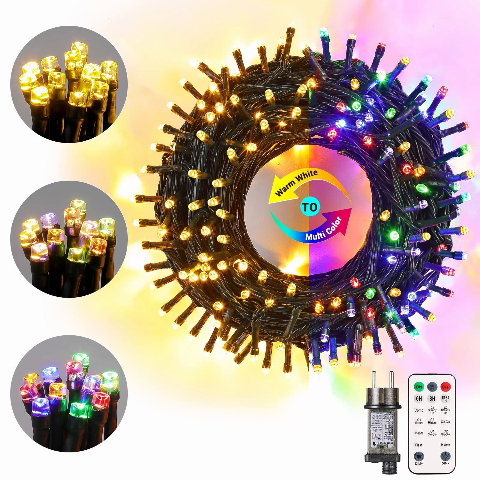 Farben Bun, Lichterkette Lichtervorhang, Dimmbar Außen 20M mit Lichterkette Fernbedienung, 200-flammig, Elegear Weihnachtsbeleuchtung 4 LED