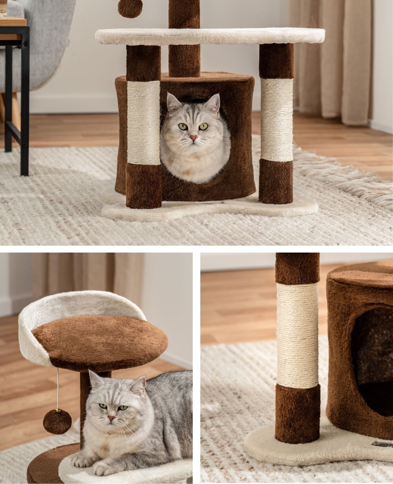lionto Kratzbaum 65 cm mit Sisalstämmen, Plüschhöhle & Spielball, stabiler Spielbaum ideal für kleine Katzen