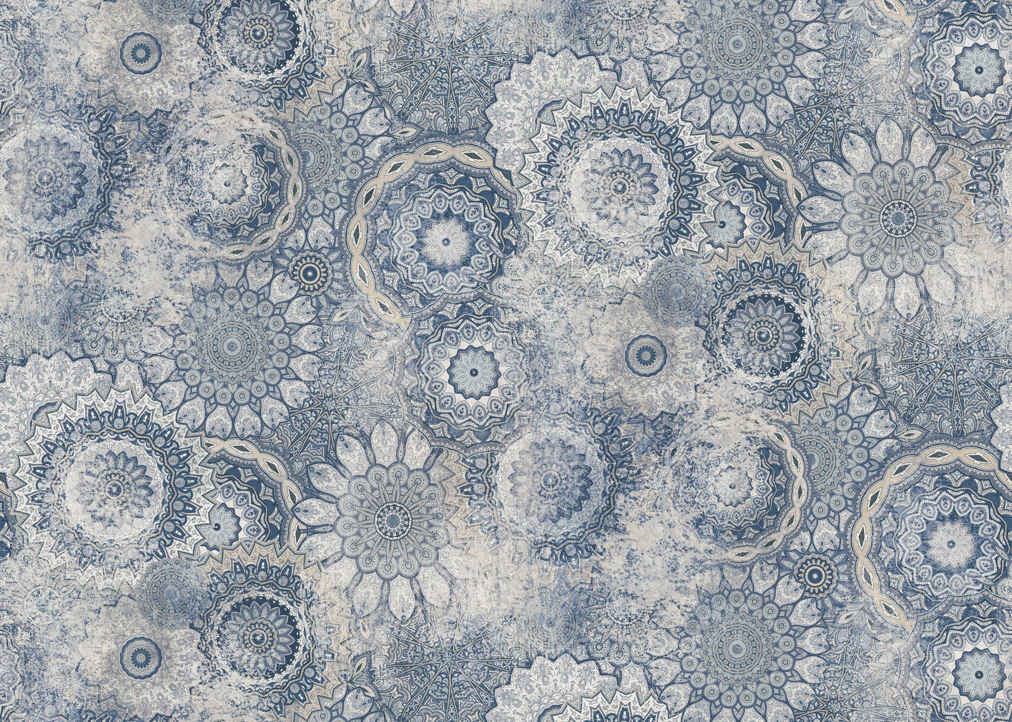 Rasch Fototapete Boho Ethno Hippie Vintage Kreise - Vliestapete Blau, bedruckt, Vintage-Optik, (1 Rolle, 1 St., Kollektion 'Magicwalls' - 2,65 m x 3,71 m), Lichtbeständige Farben - Feucht abwischbar - Restlost abziehbar