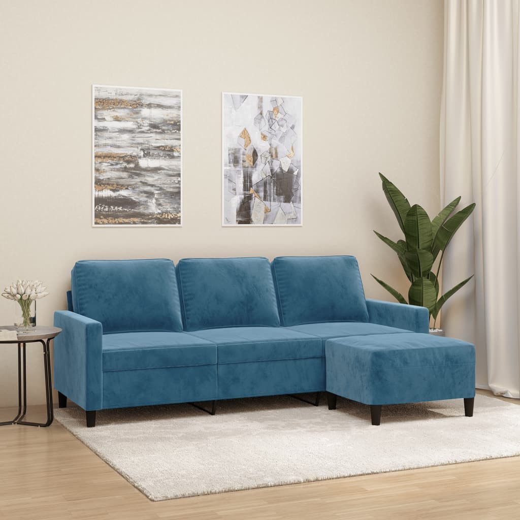 vidaXL Sofa 3-Sitzer-Sofa mit Hocker Blau 180 cm Samt