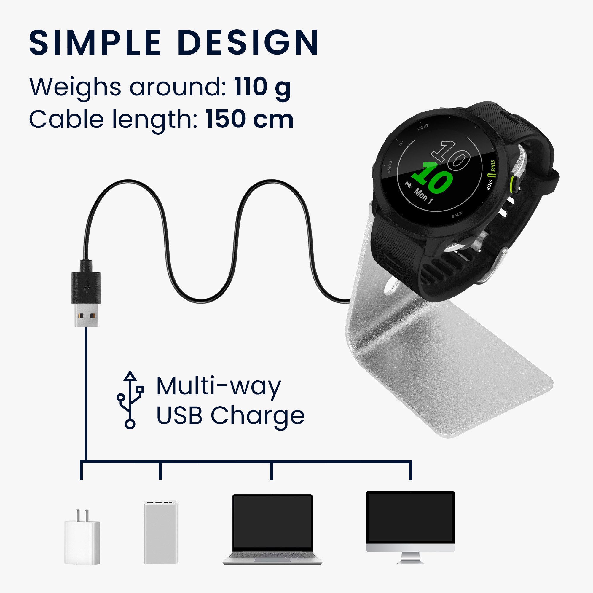 kwmobile USB Ladegerät für Garmin vivoactive 6 / vivoactive 5 / Forerunner 55 / Smartphone-Ladegerät (1-tlg., USB Kabel Charger Stand - Smart Watch Ladestation - mit Standfunktion)