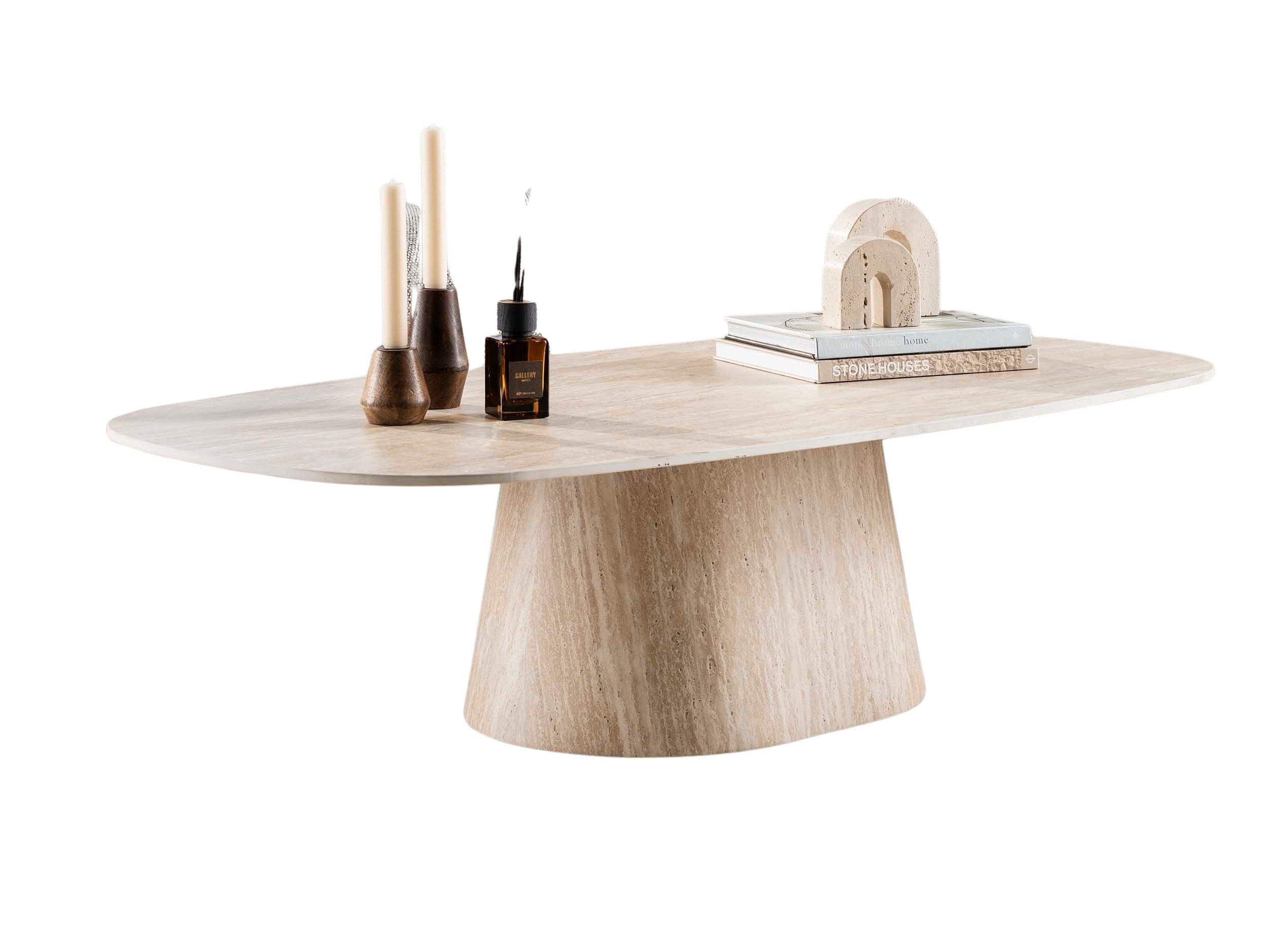 Maison ESTO Couchtisch TRAVENTO Wohnzimmertisch 135 cm Travertin Keramik Oval, Tischplatte aus hochwertiger Keramik
