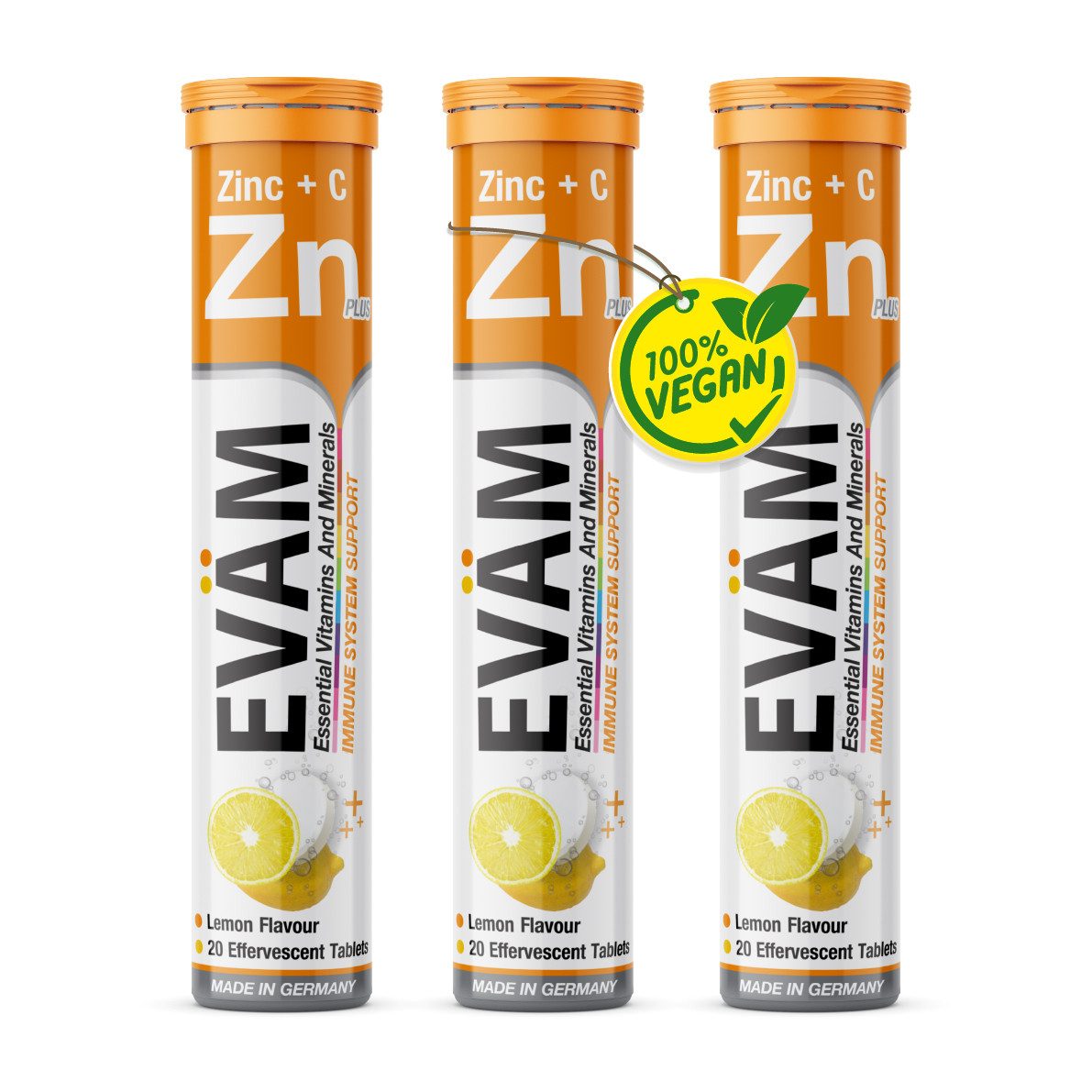 EVÄM Zink + Vitamin C Brausetabletten Zitronig Vegan Brausetabletten, 3 er Röhrchen à 20 St., 246 g, made in Germany