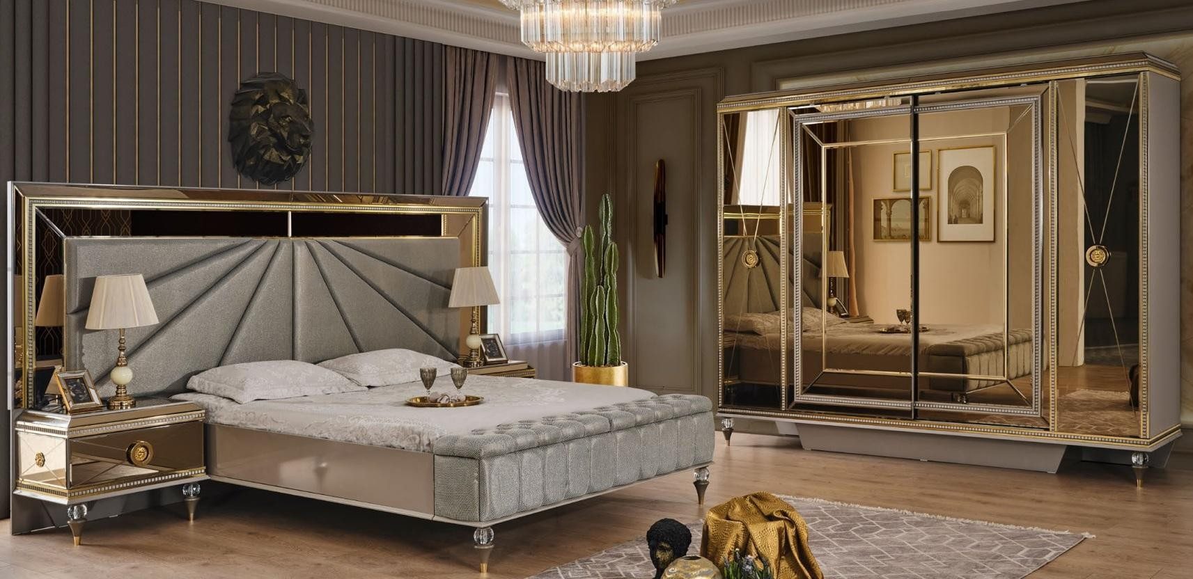 Schlafzimmer-Set Grau Holz Schlafzimmermöbel mit Doppelbett und Nachttischen