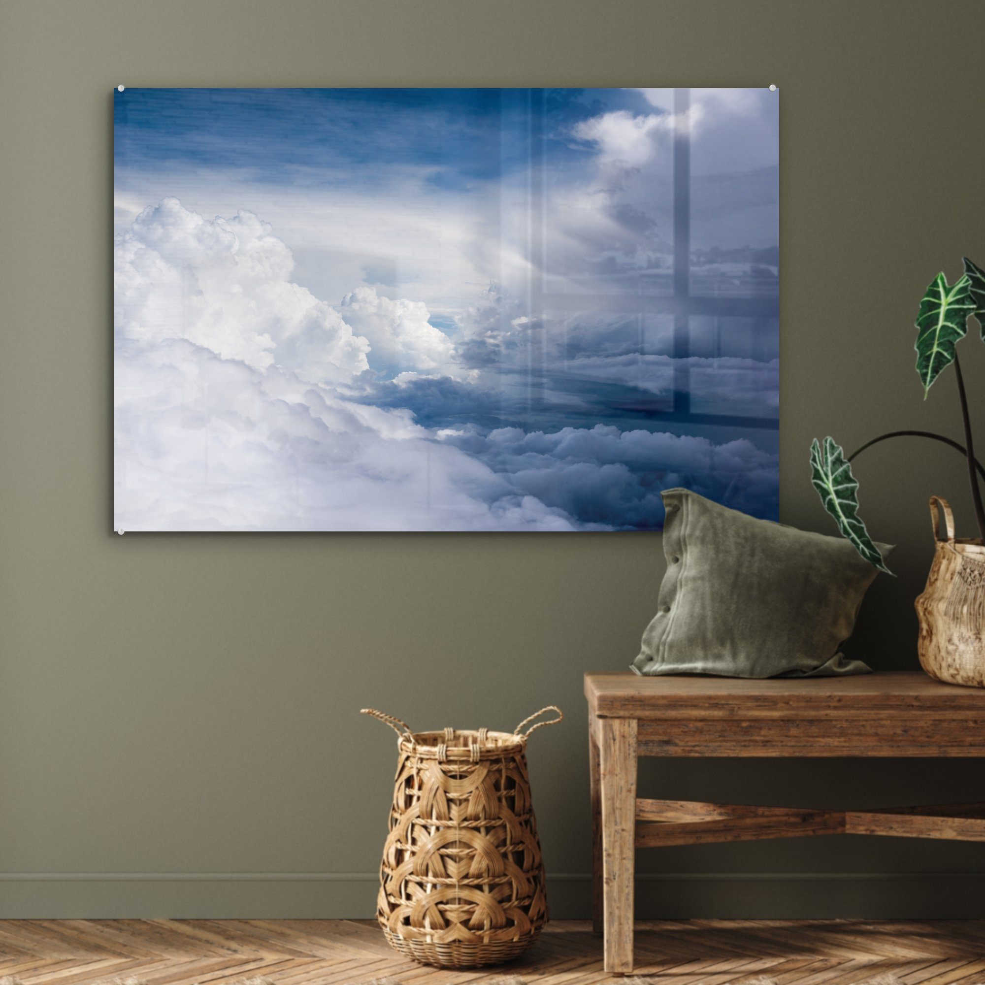 Wohnzimmer MuchoWow einem St), weiße Acrylglasbild (1 Schlafzimmer an & dunkelblauen Himmel, Acrylglasbilder Wolken Große