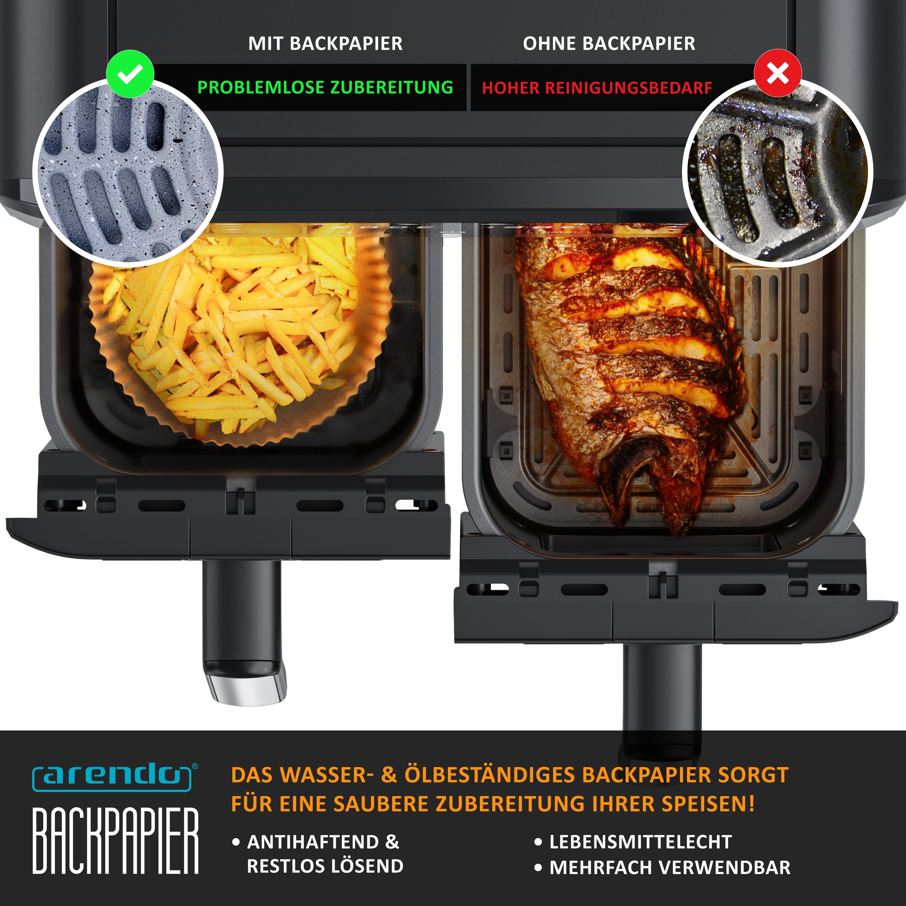 Arendo Backpapier rund für Heißluftfritteuse 4,7 - 7,5 L, 100 St., 20 x 4,5 cm, Antihaft, ungebleicht, wasser & ölbeständig, Airfryer Zubehör, Ofen, Mikrowelle
