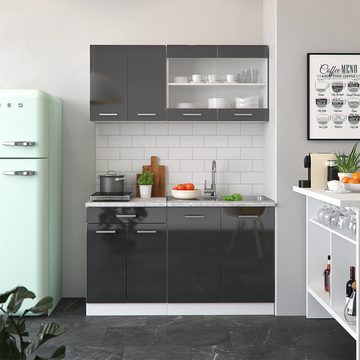 Livinity® Küchenzeile R-Line, Anthrazit Hochglanz/Weiß, 140 cm, AP Eiche