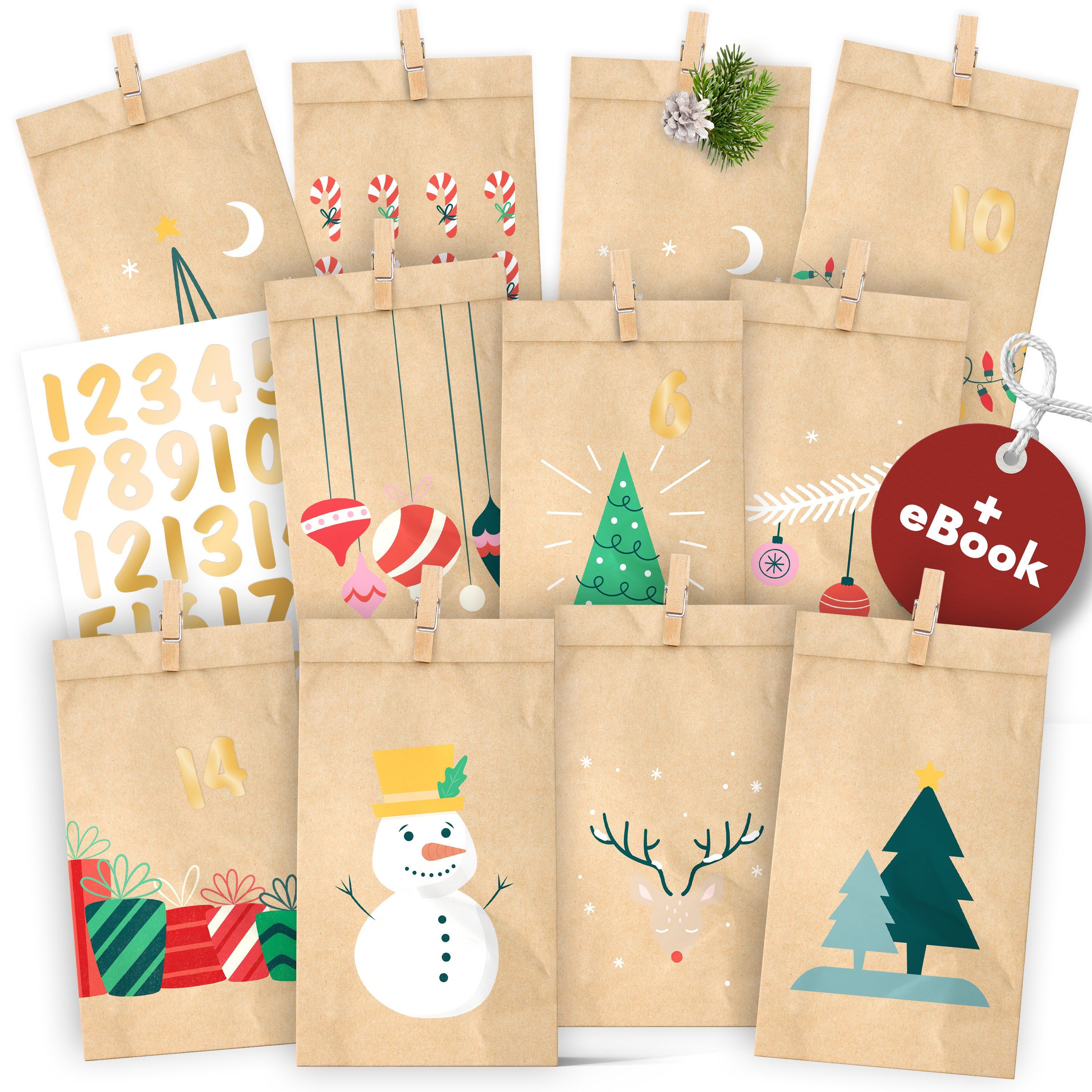 Amari befüllbarer Adventskalender Adventskalender zum Befüllen 2026, 24 Papiertüten 14×22 cm mit Zahlen (DIY Set, 72-tlg), Designs für Kinder & Erwachsene, wiederverwendbar, Ideen zum Befüllen