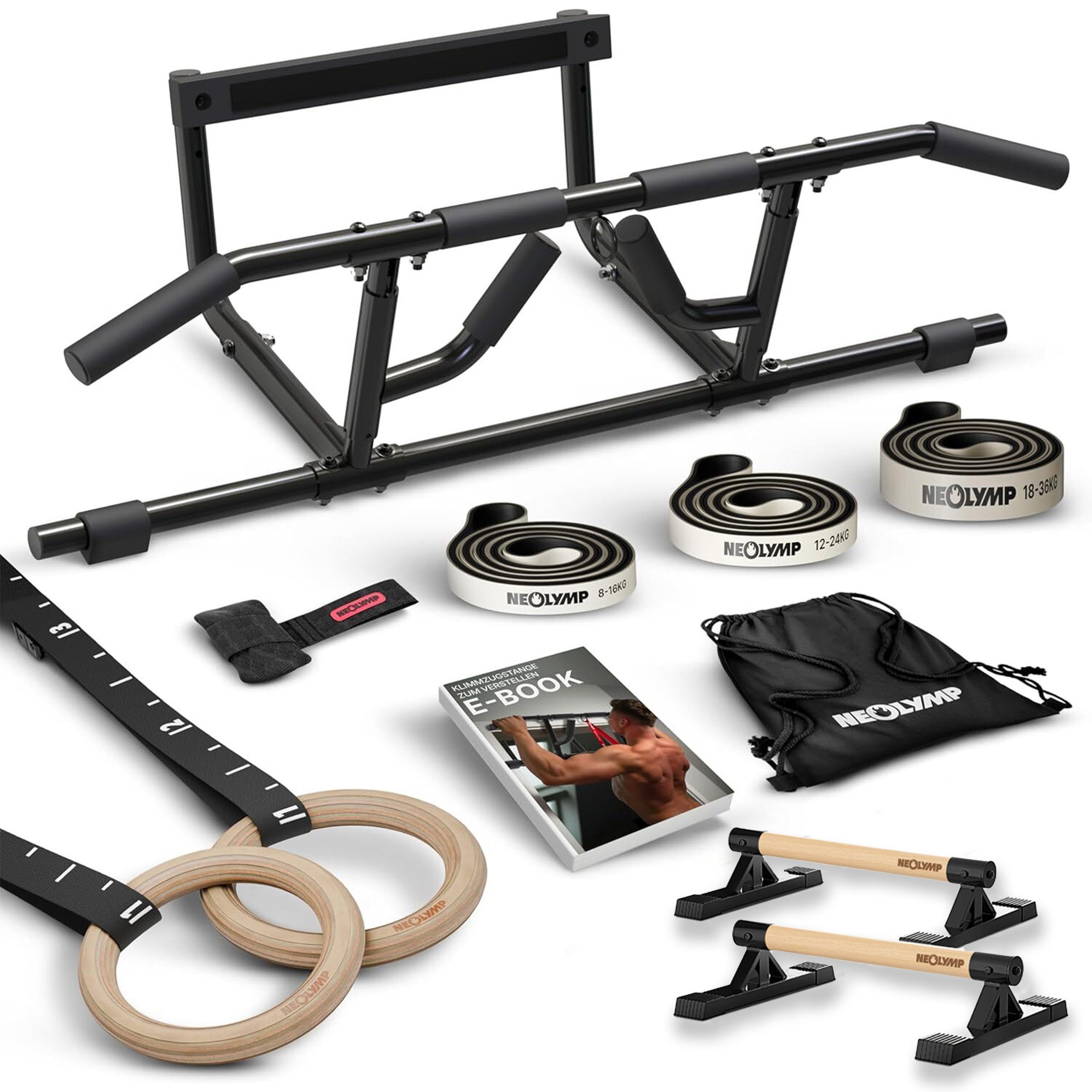 NEOLYMP Trainingsstation Calisthenics Set – Profi Calisthenics Equipment für Zuhause – Home Gym, (Komplettset unseres Calisthenics Bundle - Ideal fürs Home Gym), Komplettes Calisthenics-Setup - Eigengewichtstraining - Platzsparend