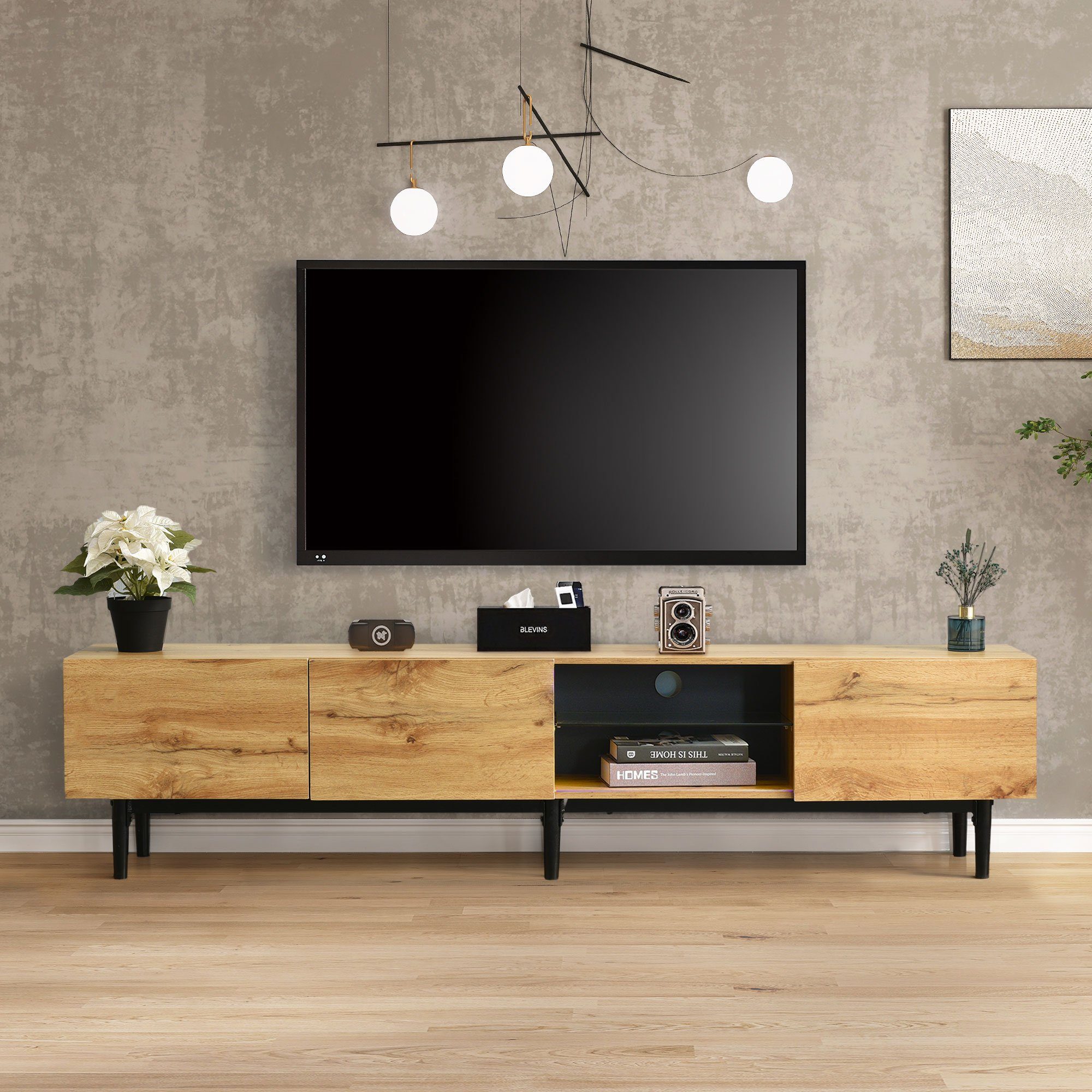 Schubladen mit TV-Schrank TV-Board, (Wildeiche Türen mit TV- Glasablage, 3 TV-Schrank, Lowboard OKWISH Ständer) inkl. und mit Fernsehtisch LED-Beleuchtung