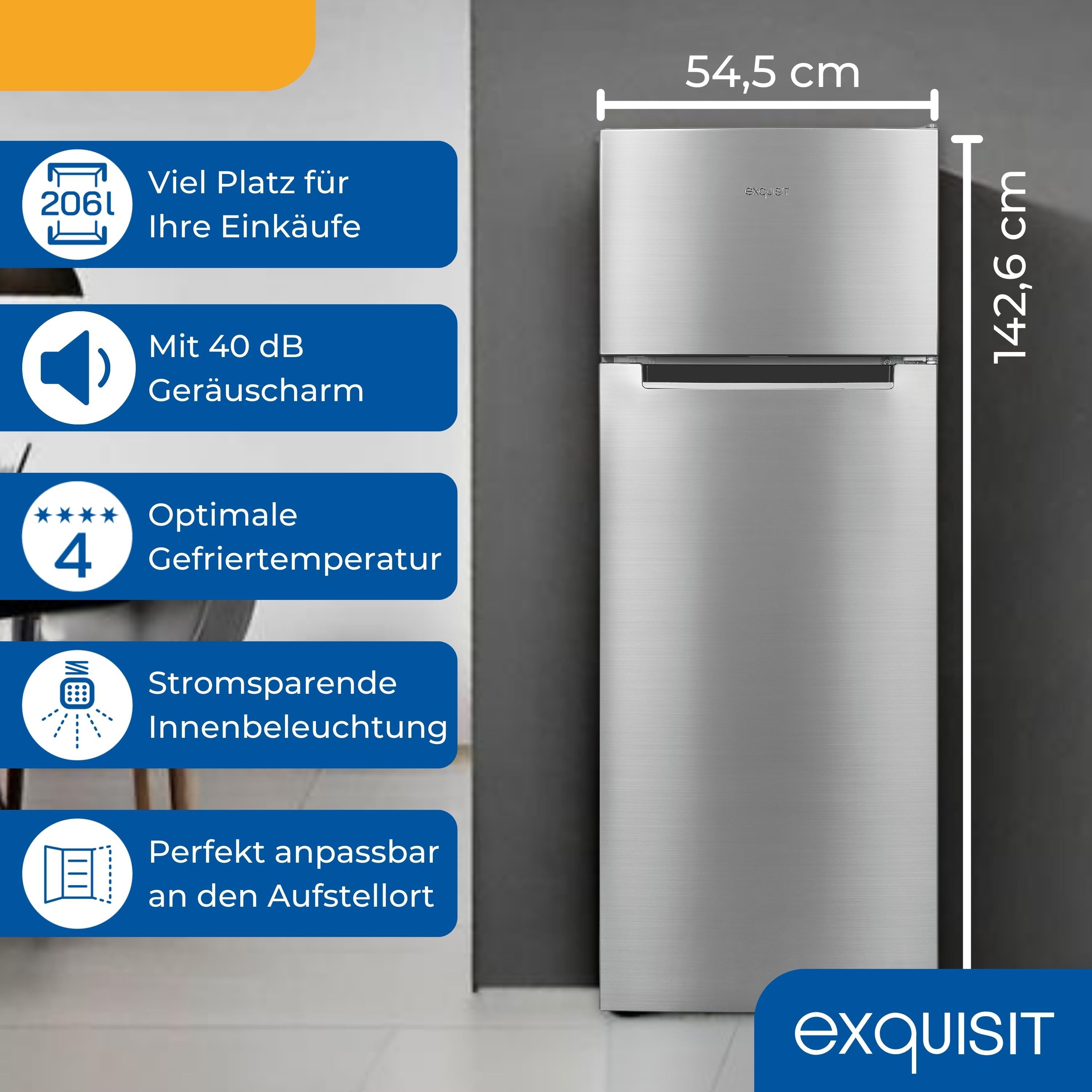 exquisit Kühl-/Gefrierkombination KGC5270-45-040E, 143 cm hoch, 55 cm breit, 4-Sterne-Gefrierfach, kompakt, effizient