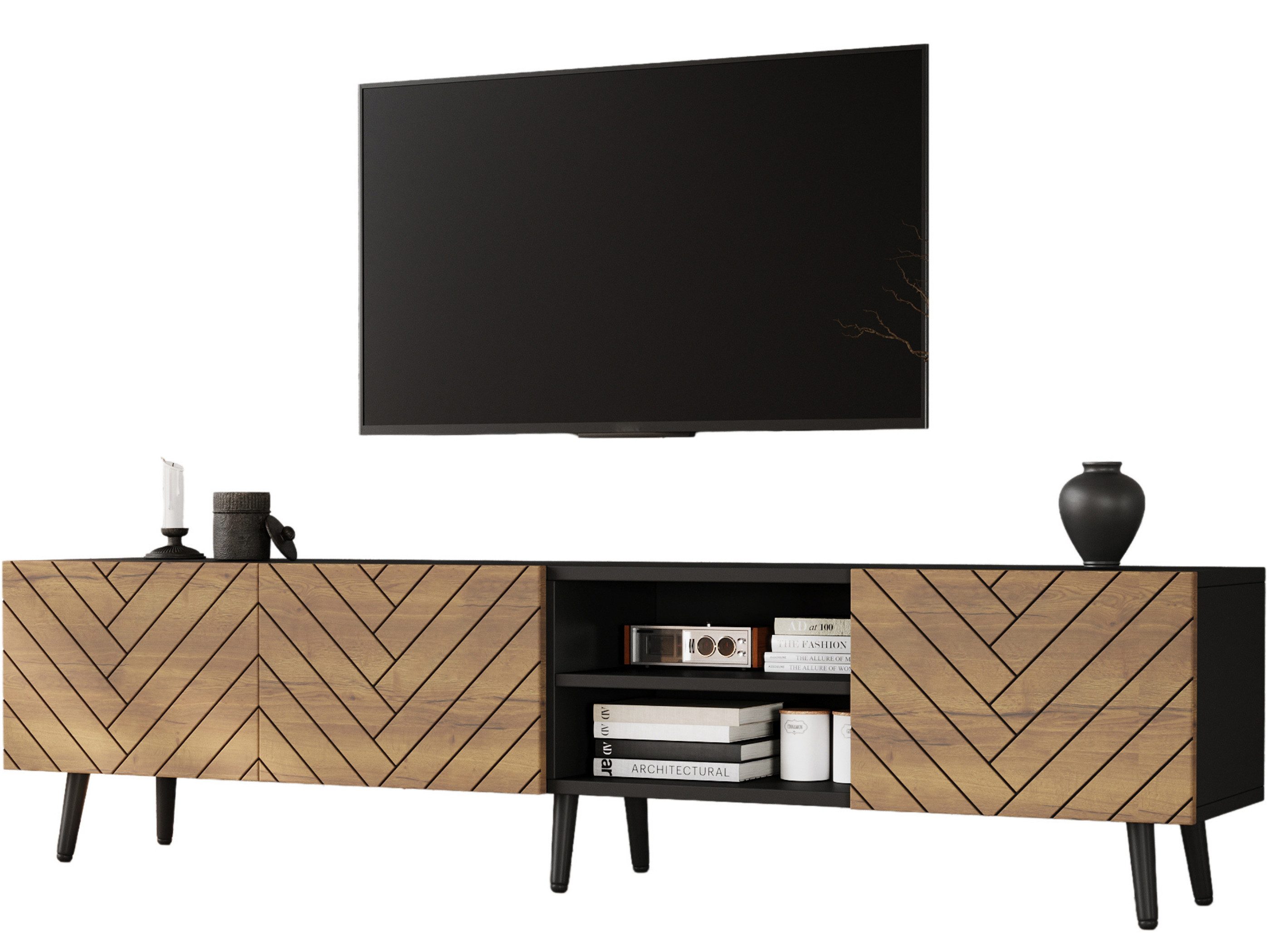 SeedWave Lowboard Griffloser TV-Schrank 180cm mit Fischgrättürfronten, Kabeldurchführung, Fernsehschrank im Retro-Design, offene & geschlossene Fächer