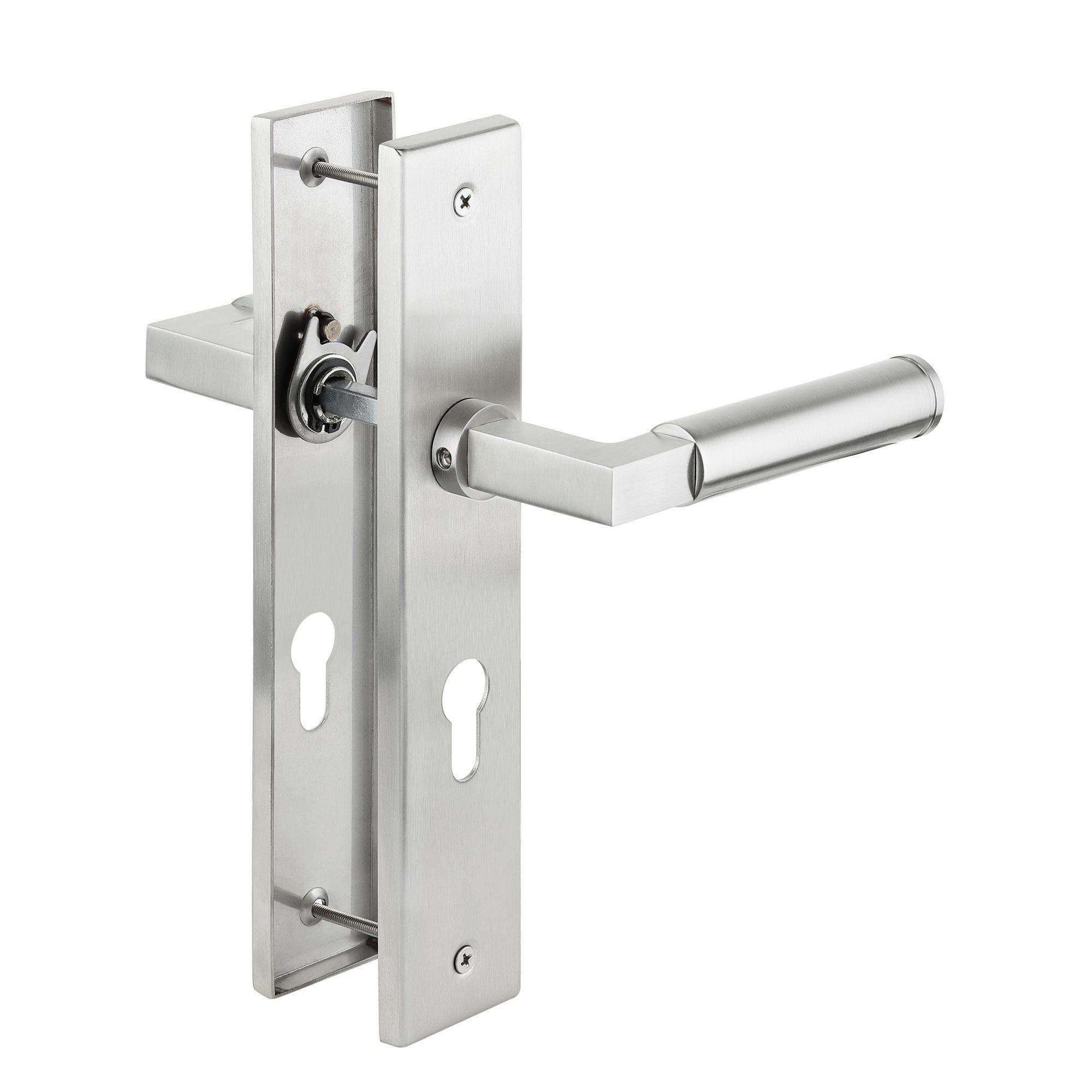 Türbeschläge24 Drückergarnitur Langschild Bauhaus, festdrehbar gelagert & Rückholfeder, Türgriffe, V2A Edelstahl matt