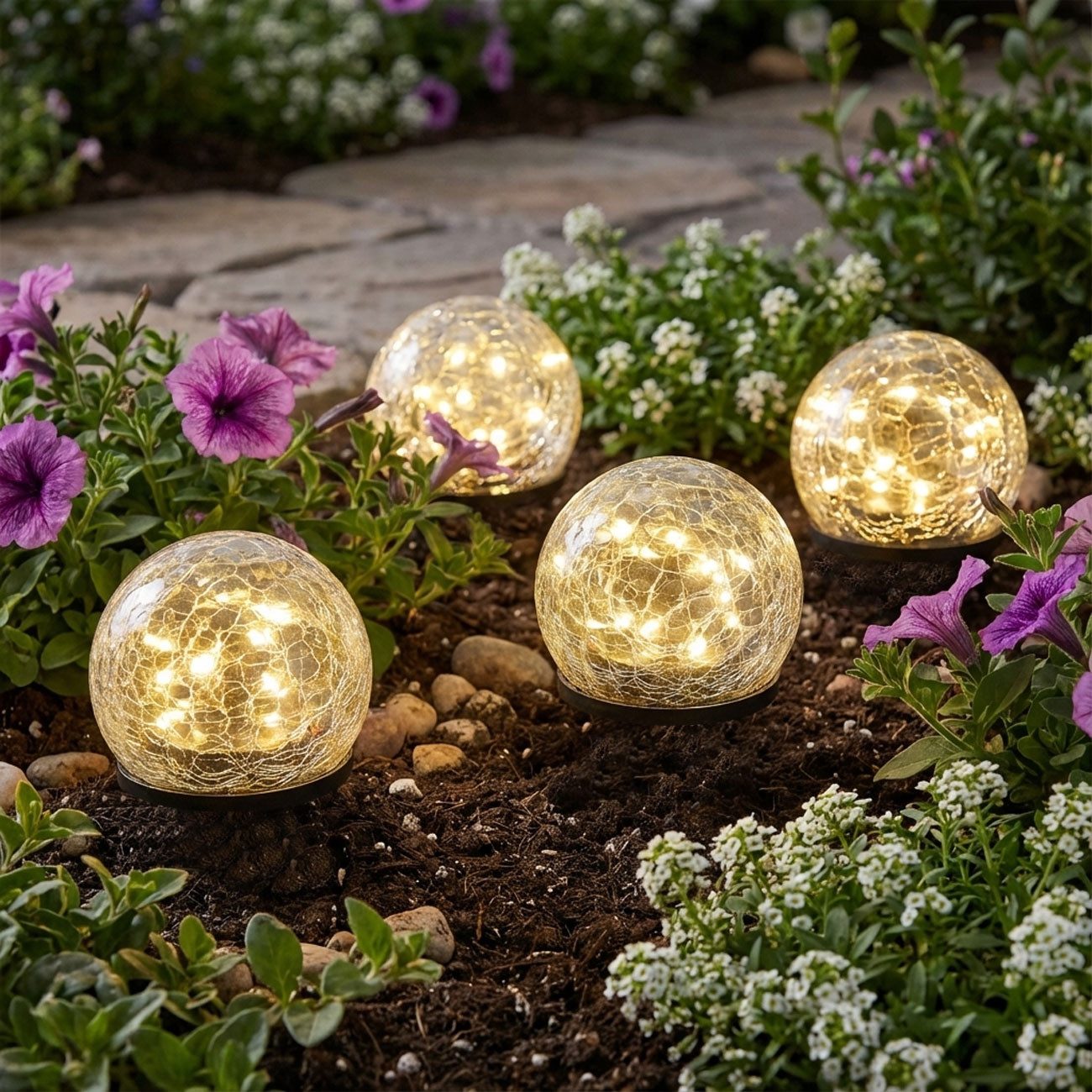 Garden Hero Kugelleuchte Solar Crackle Glas-Kugelleuchten warmweiß, wetterfest für Garten, Einfache und kabellose Montage via Erdspiess