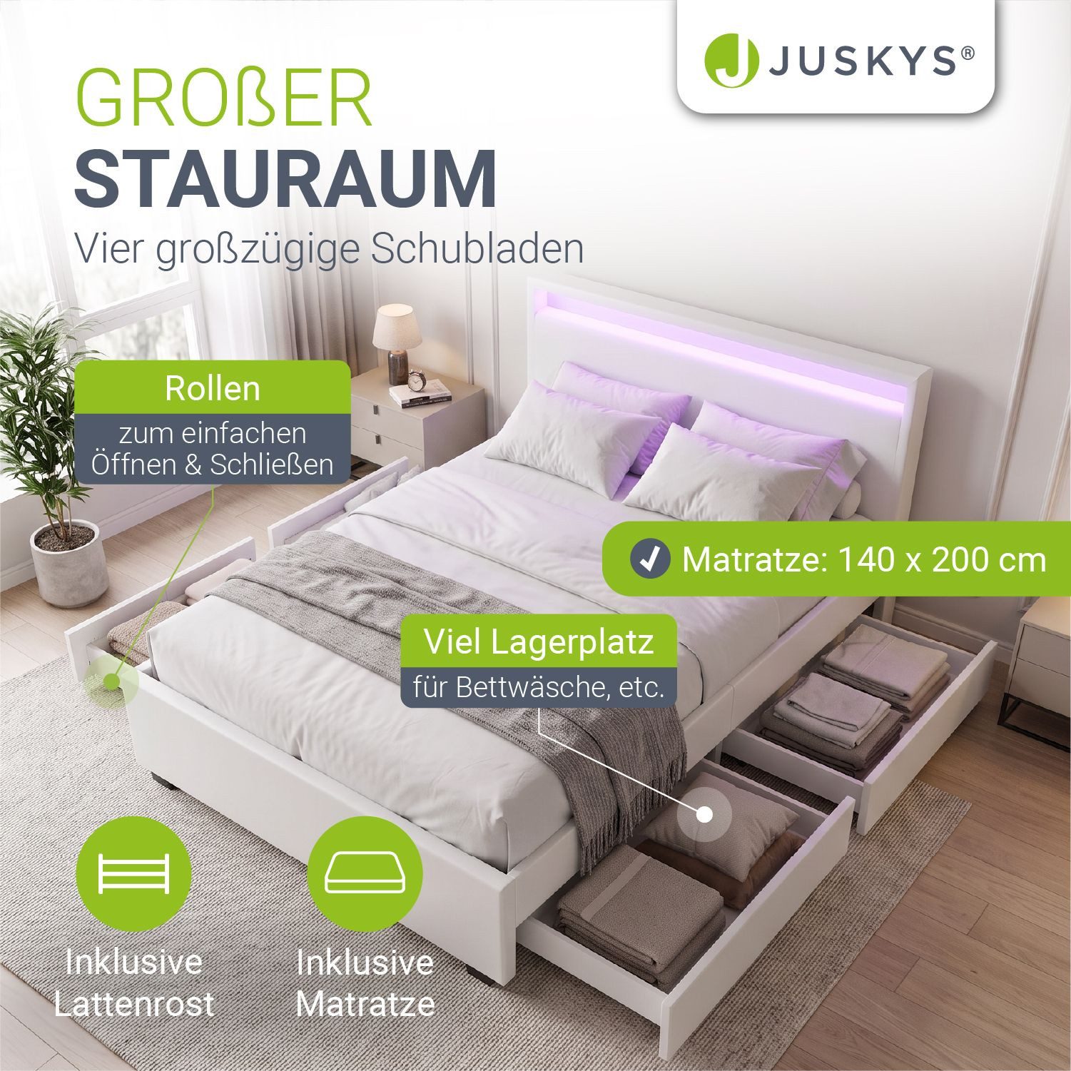 Juskys Polsterbett Lyon mit Matratze, 140x200 cm, ausziehbare Bettkästen, LED-Licht, inkl. Matratze