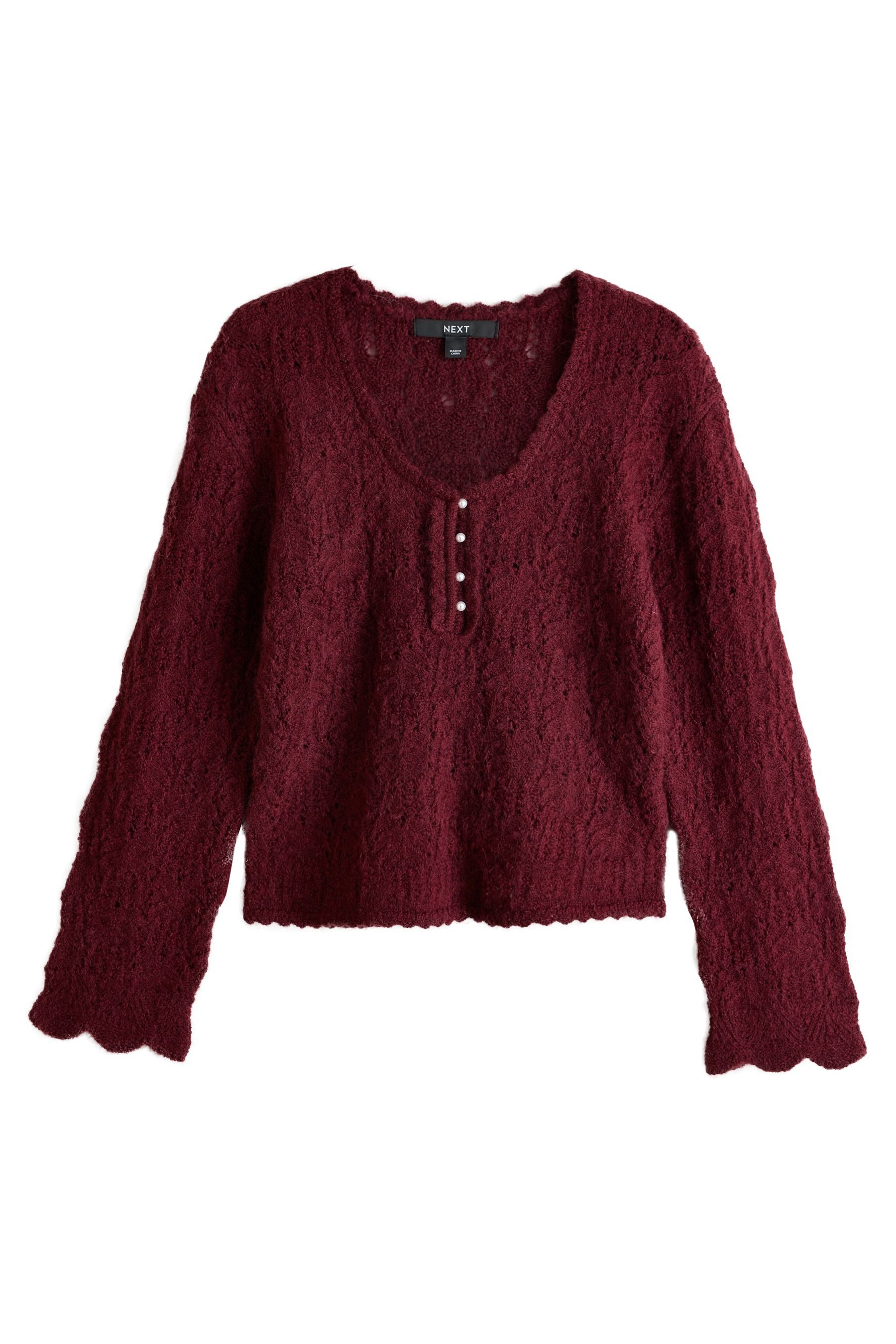Next Strickpullover Langärmeliger Henley-Strickpullover mit Lochmuster (1-tlg)
