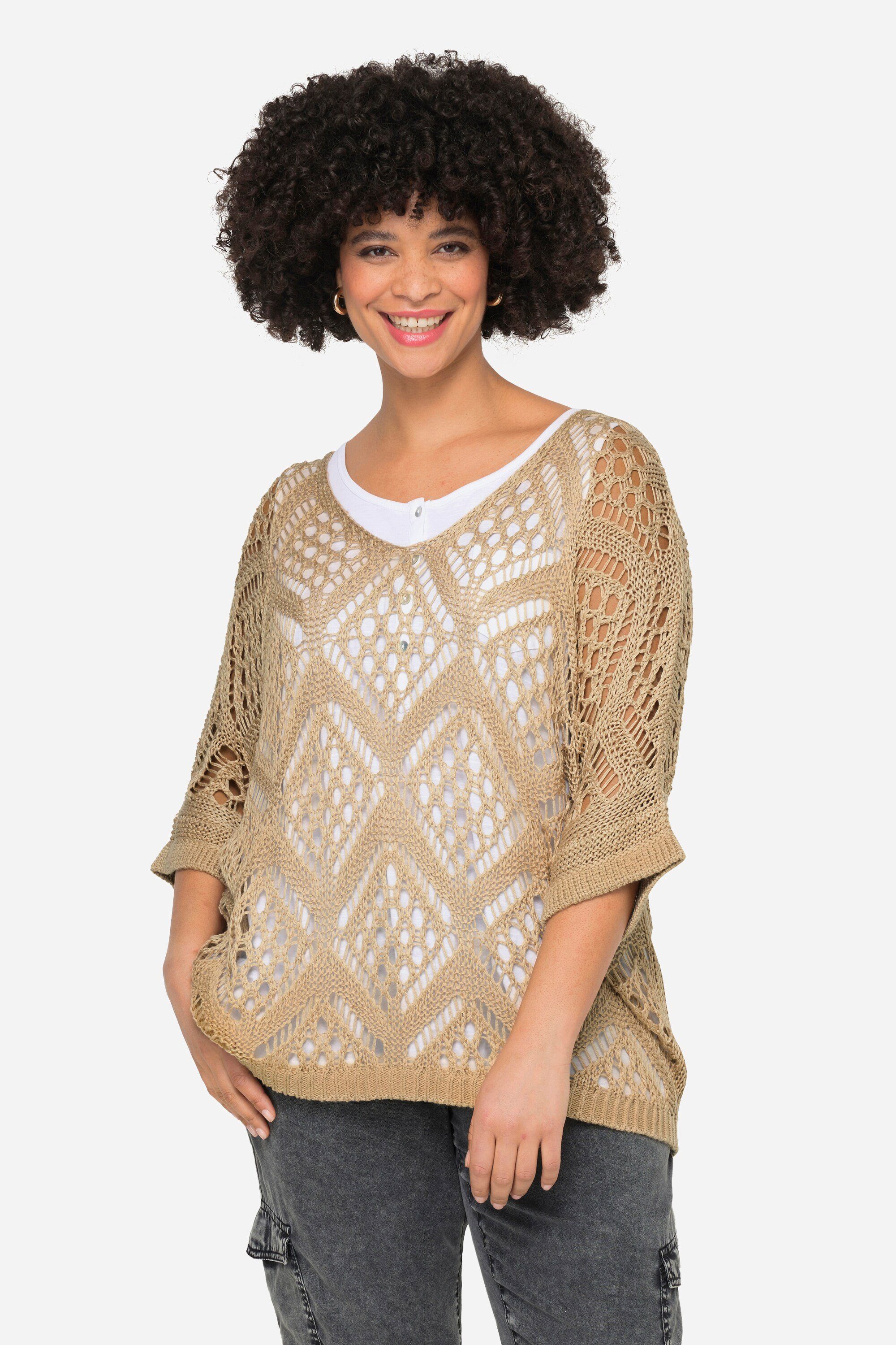 Angel of Style Strickpullover Pullover oversized Ajourstrick V-Ausschnitt