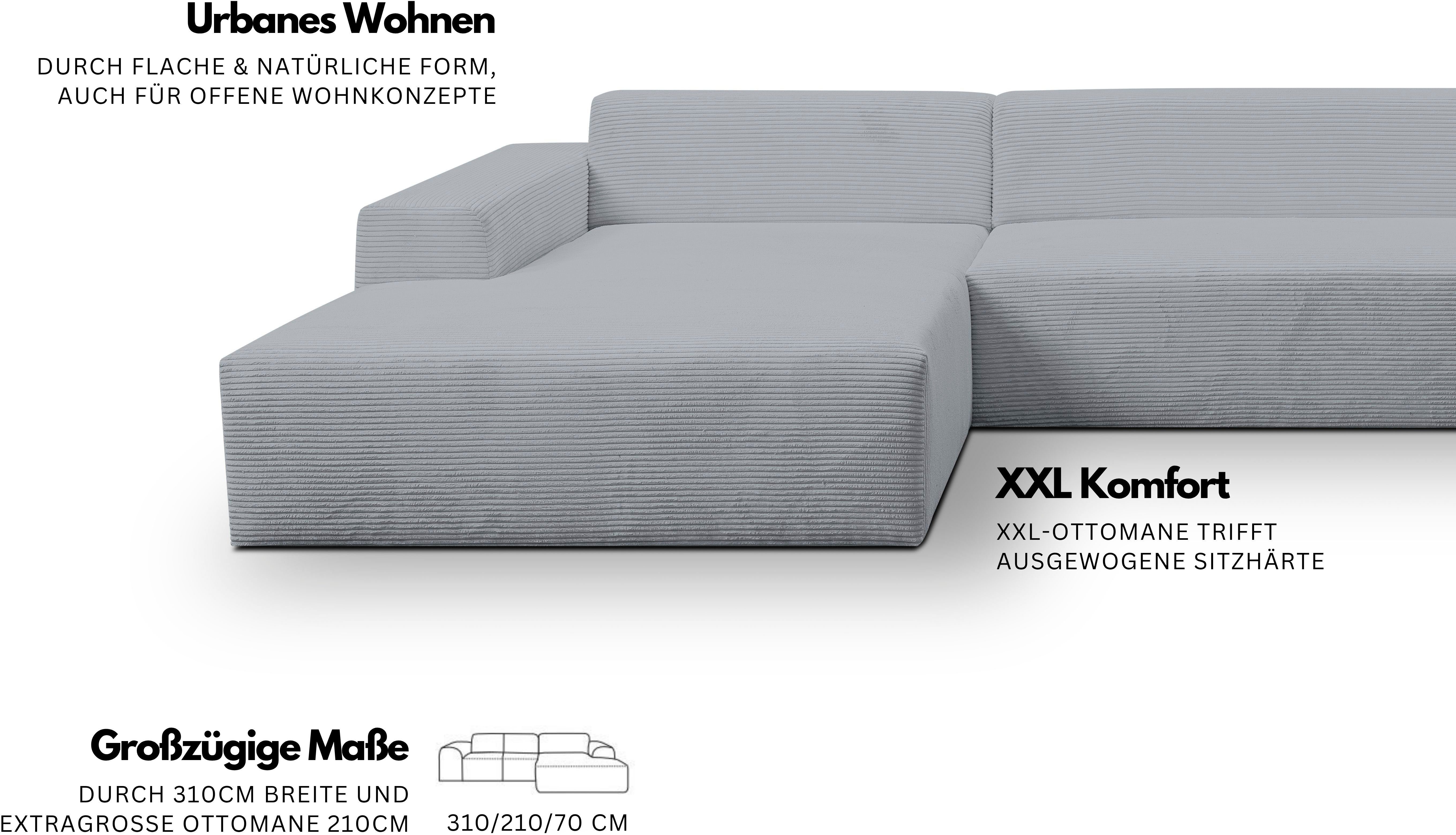 WERK2 Ecksofa Zeus-XL, Mega-Sofa mit großer Sitztiefe, Stellmaße 311cm x 210cm, Curvy Trend Garnitur mit urbaner Optik, bequem, Big-Sofa, L-Form