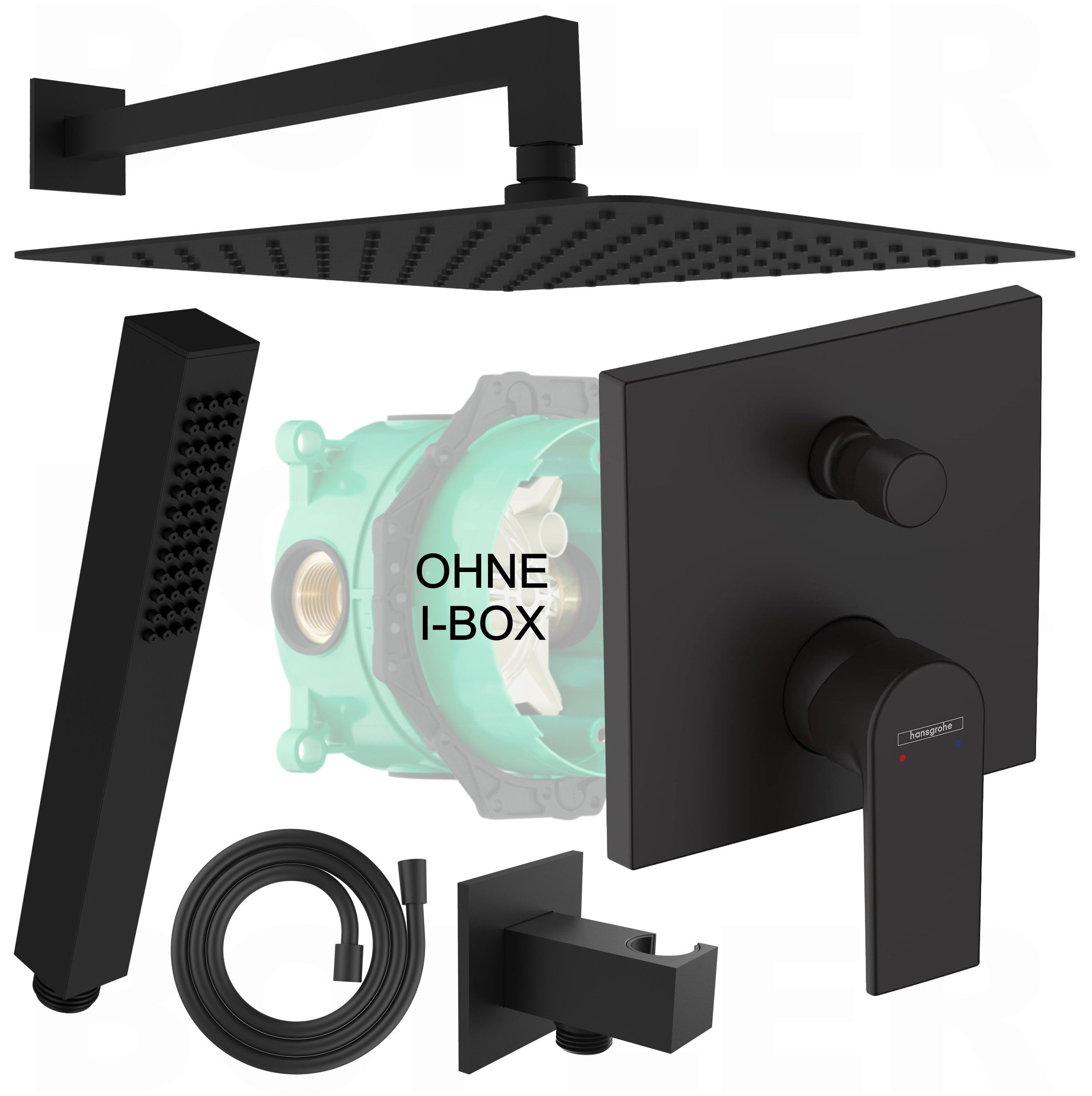 Hansgrohe und Bofler Duscharmatur Hansgrohe Vernis Shape Unterputz Armatur mit Umsteller (OHNE IBOX, Duschsystem, Duschset, Duschanlage, inkl. BOFLER Duschset #20-O, Brauseset, Regendusche 30x30cm, Wandarm) matt schwarz, Wassersparende Regendusche