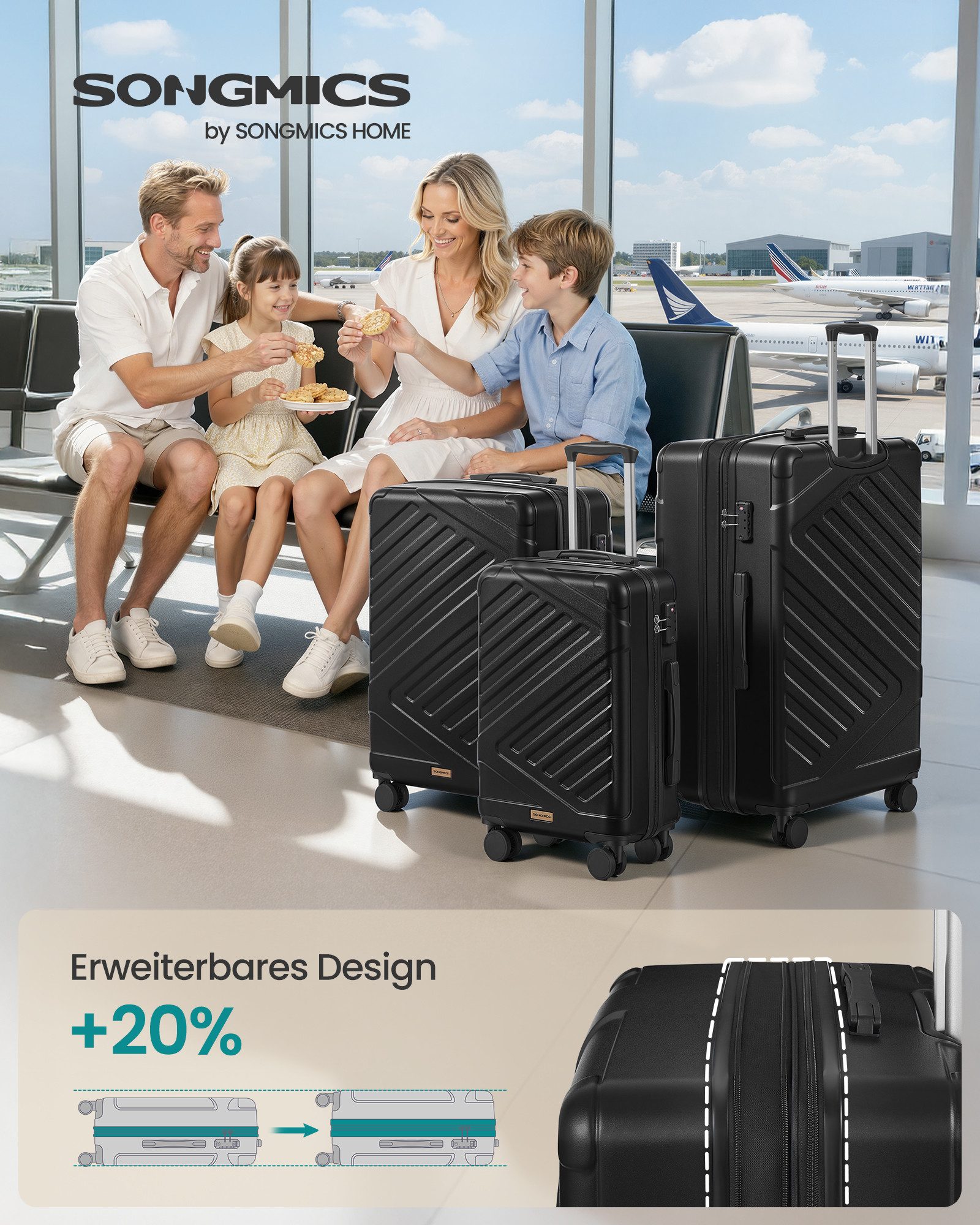 SONGMICS Hartschalen-Trolley Kofferset, 360° Rollen, robuster Reisekoffer, Bordcase, ABS, TSA-Schloss, Zahlenschloss, Koffergurt, erweiterbar